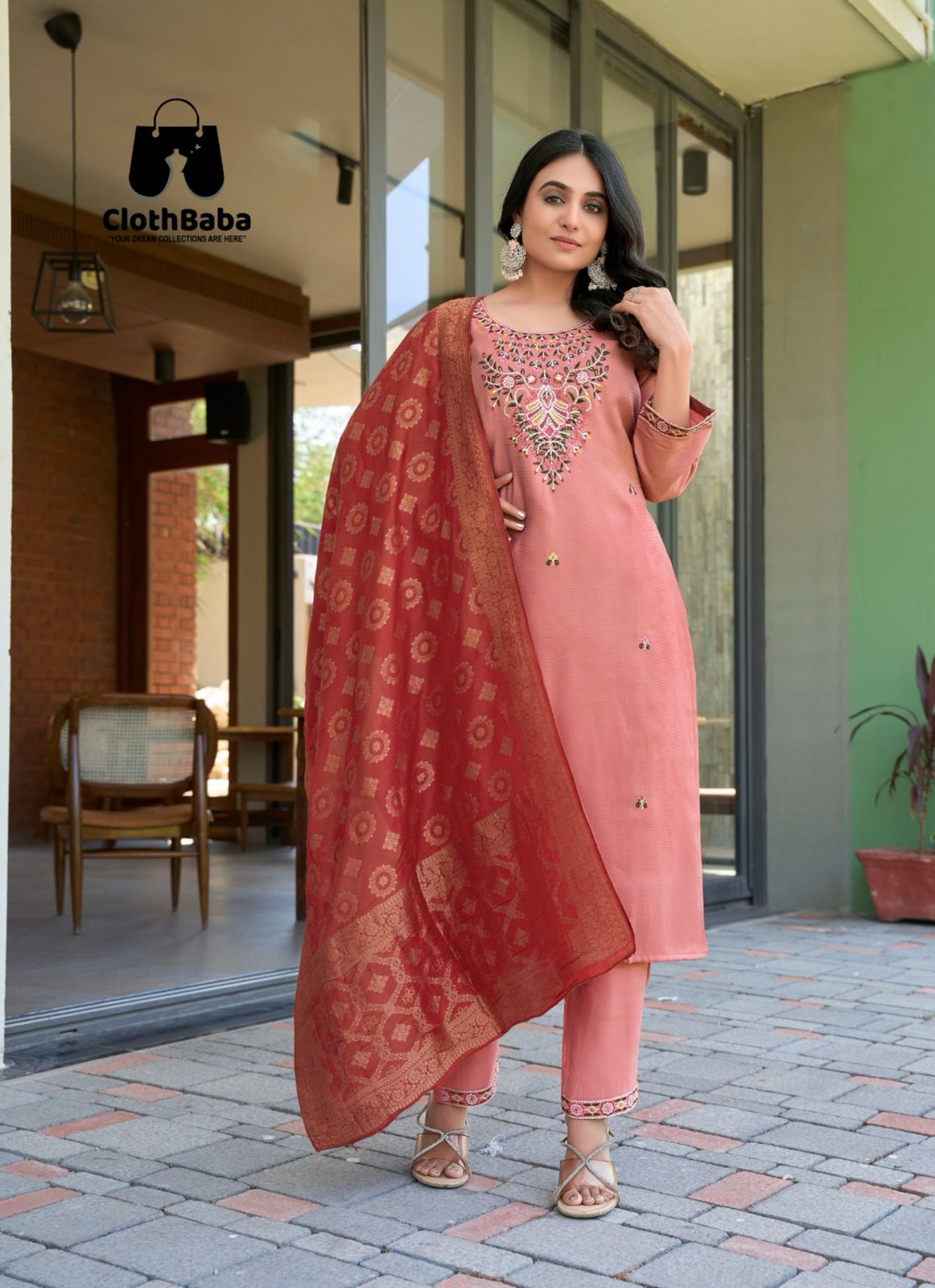 Pure Viscose Stripes Readymade Suit with Heavy Embroidery and Muslin Silk Jacquard Dupatta