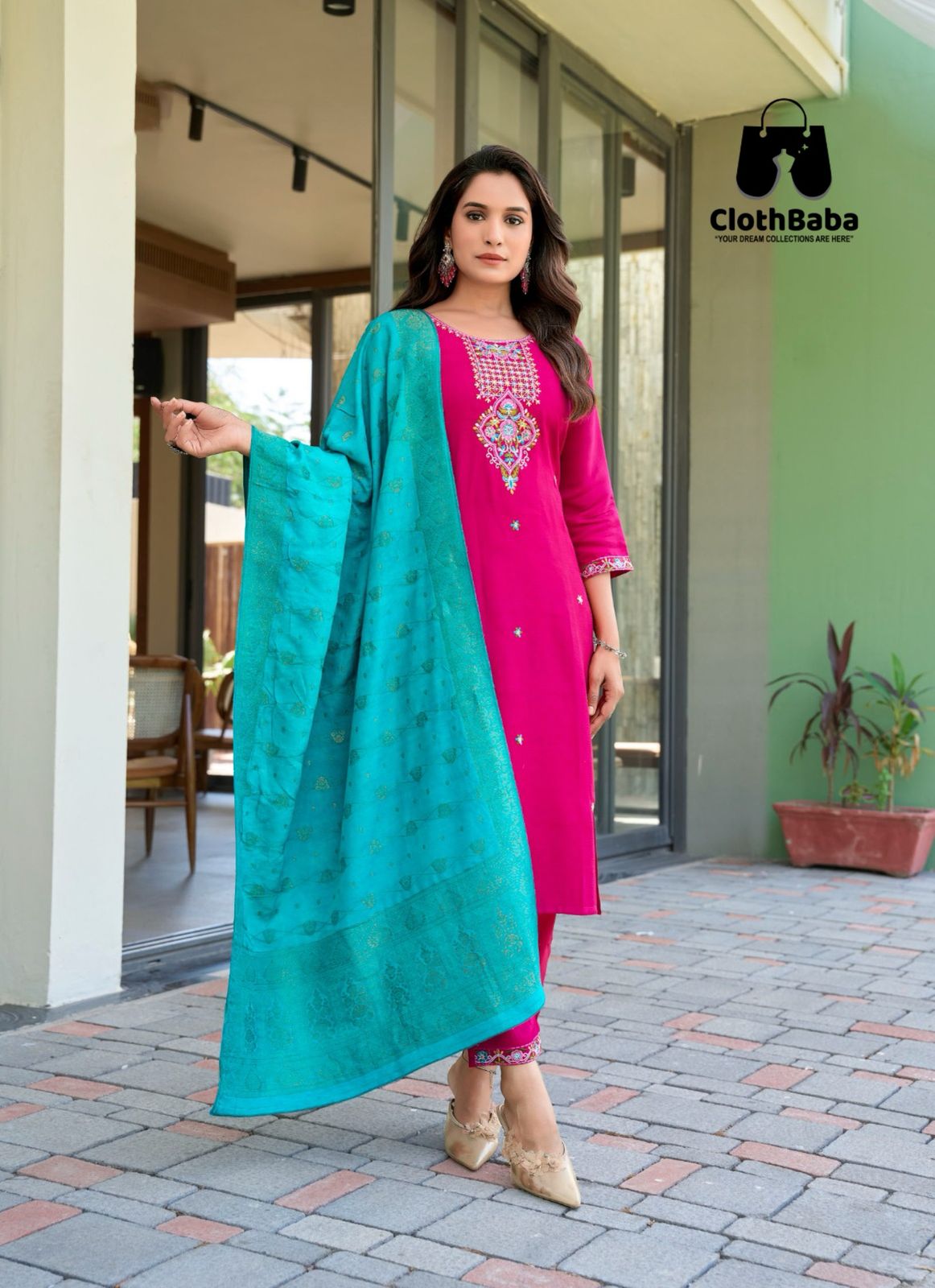 Pure Viscose Stripes Readymade Suit with Heavy Embroidery and Muslin Silk Jacquard Dupatta