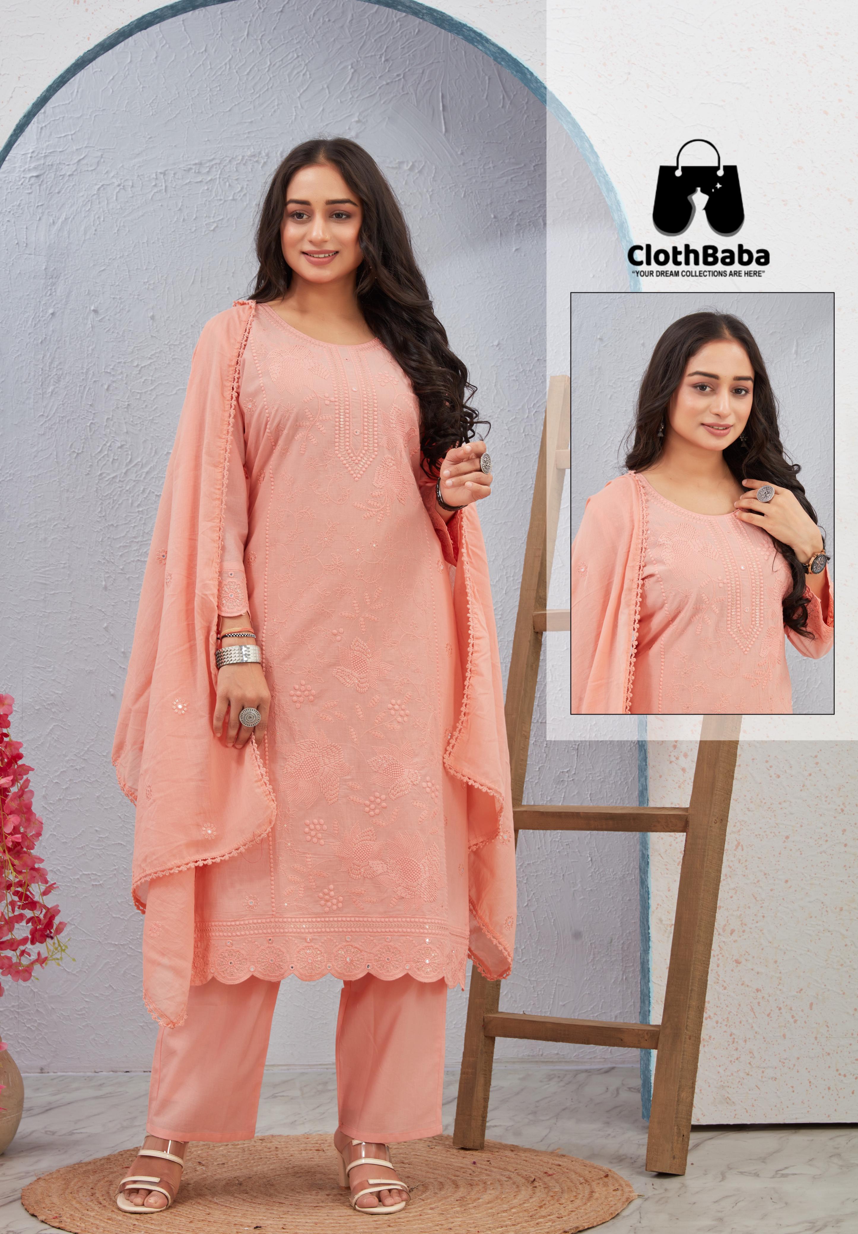 Cotton Lakhanavi Work Readymade Suit with Embroidered Mal Cotton Dupatta 