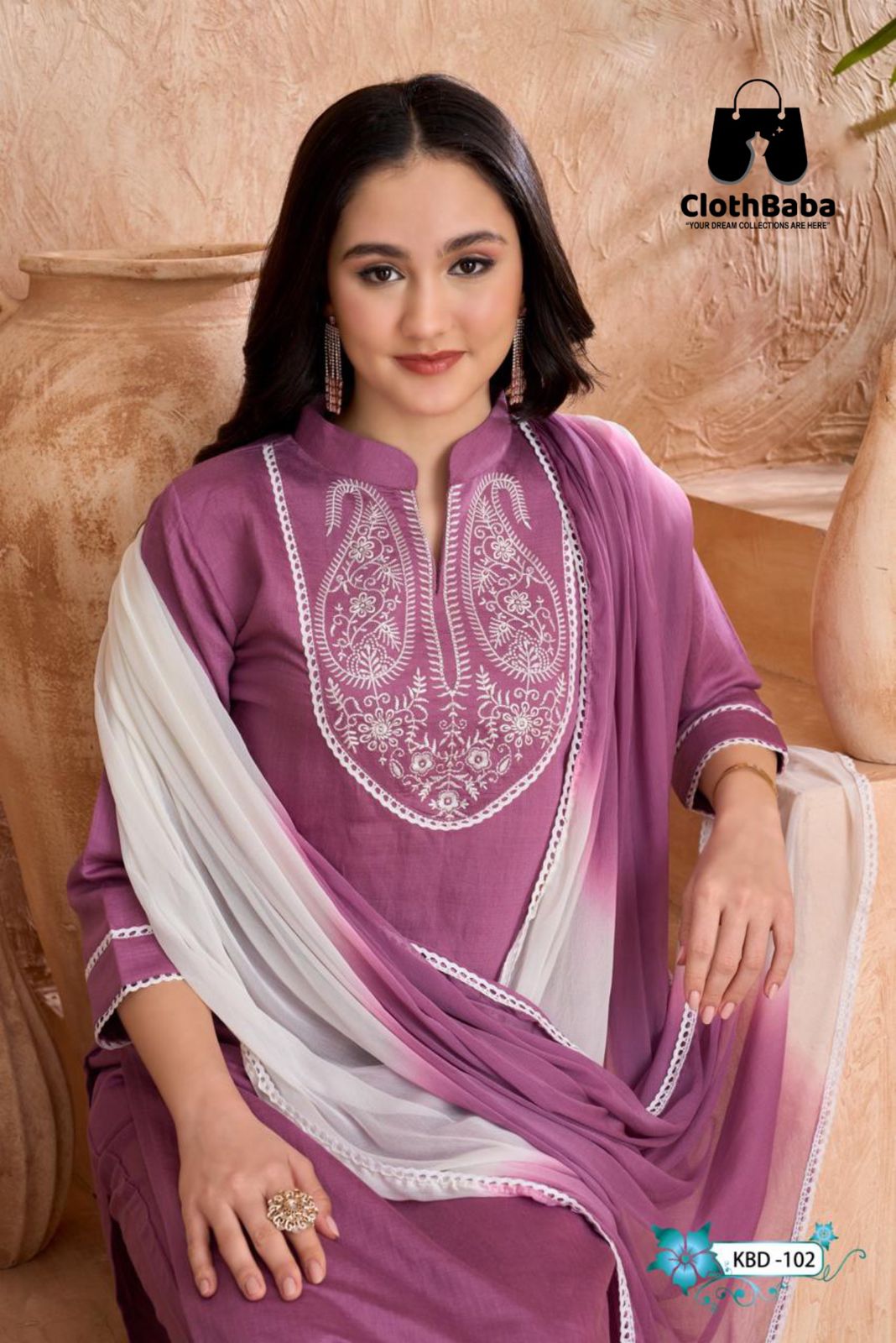 Pastel Lavender Readymade Suit With Intricate Embroidery