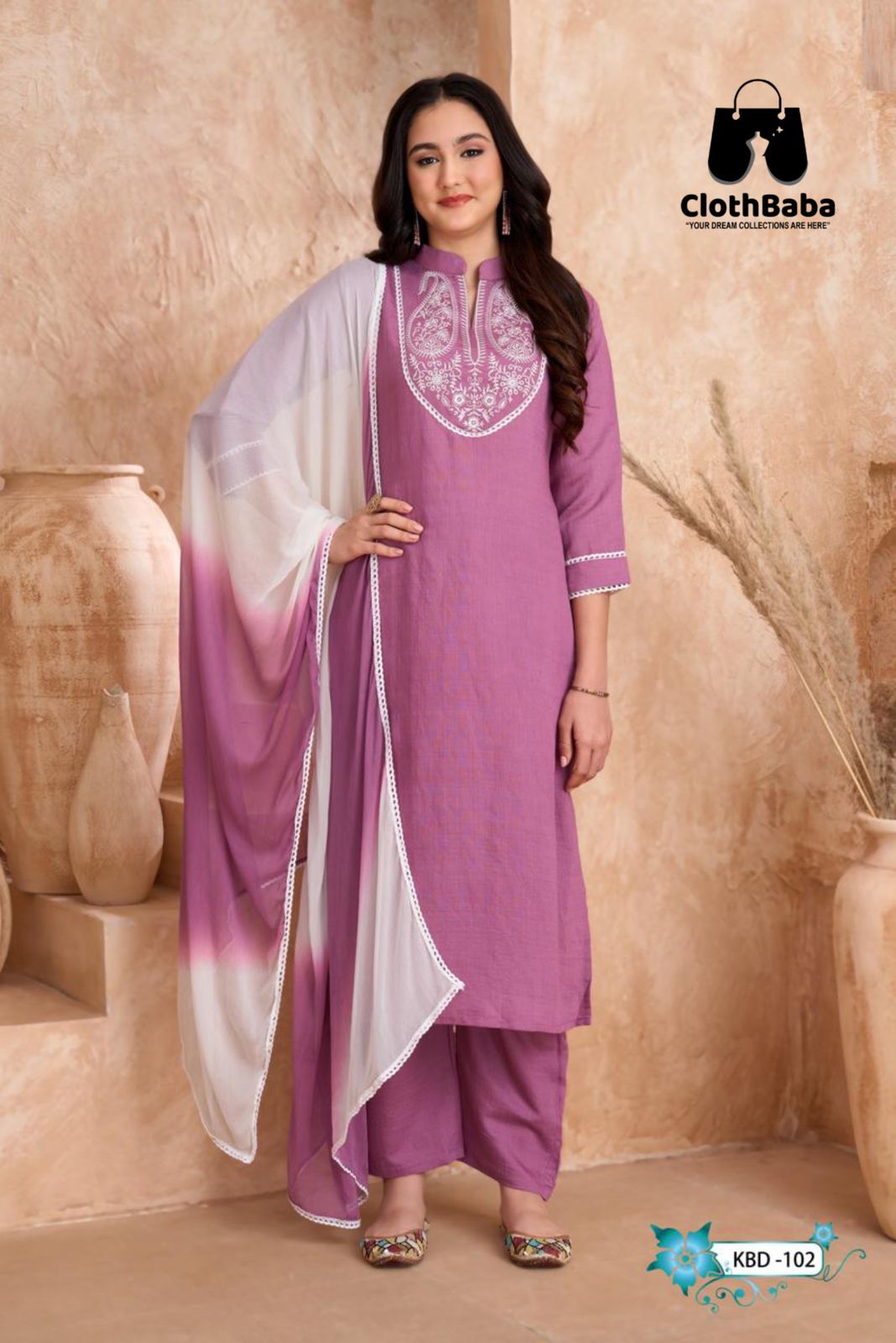 Pastel Lavender Readymade Suit With Intricate Embroidery