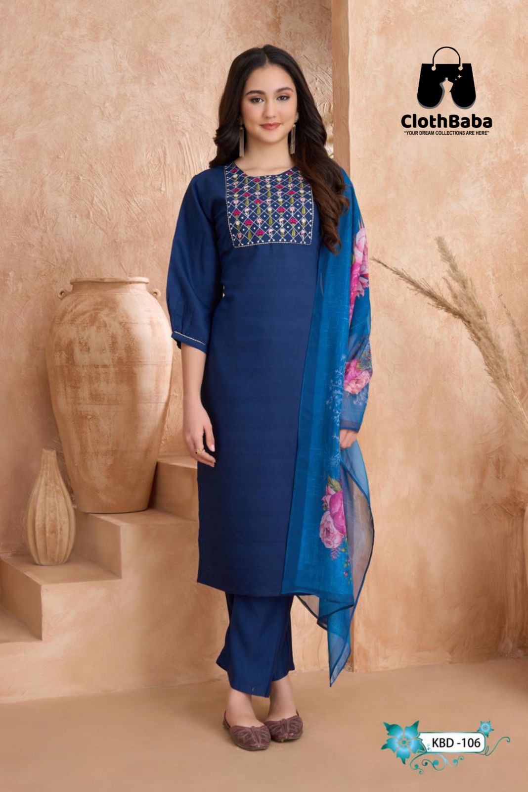 Blue Embroidered 3-Piece Readymade Suit in Vertican Fabric with Tabby Digital Dupatt