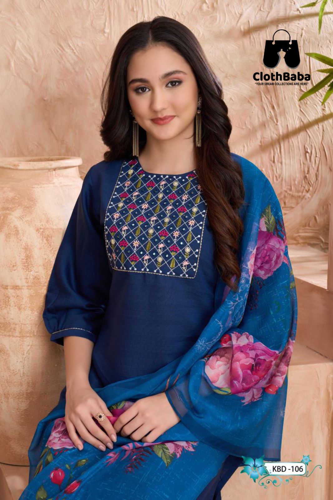 Blue Embroidered 3-Piece Readymade Suit in Vertican Fabric with Tabby Digital Dupatt