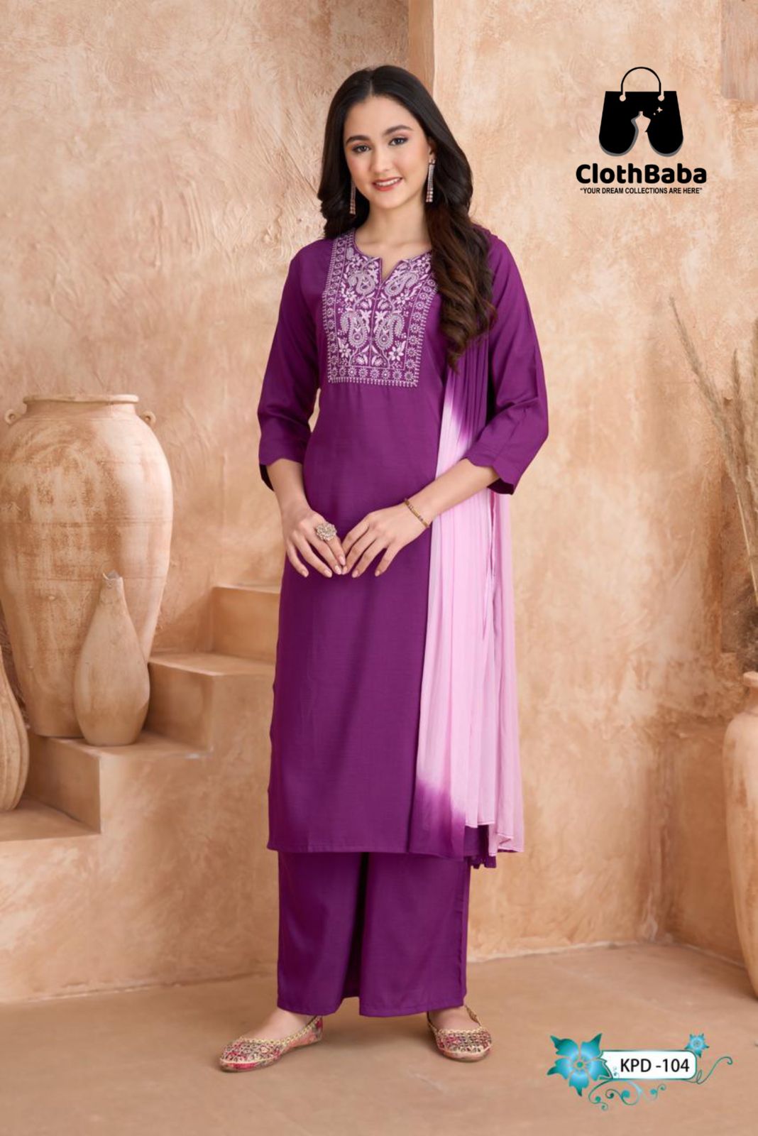 Classic Gold 3-Piece Readymade Suit with Neck Embroidery