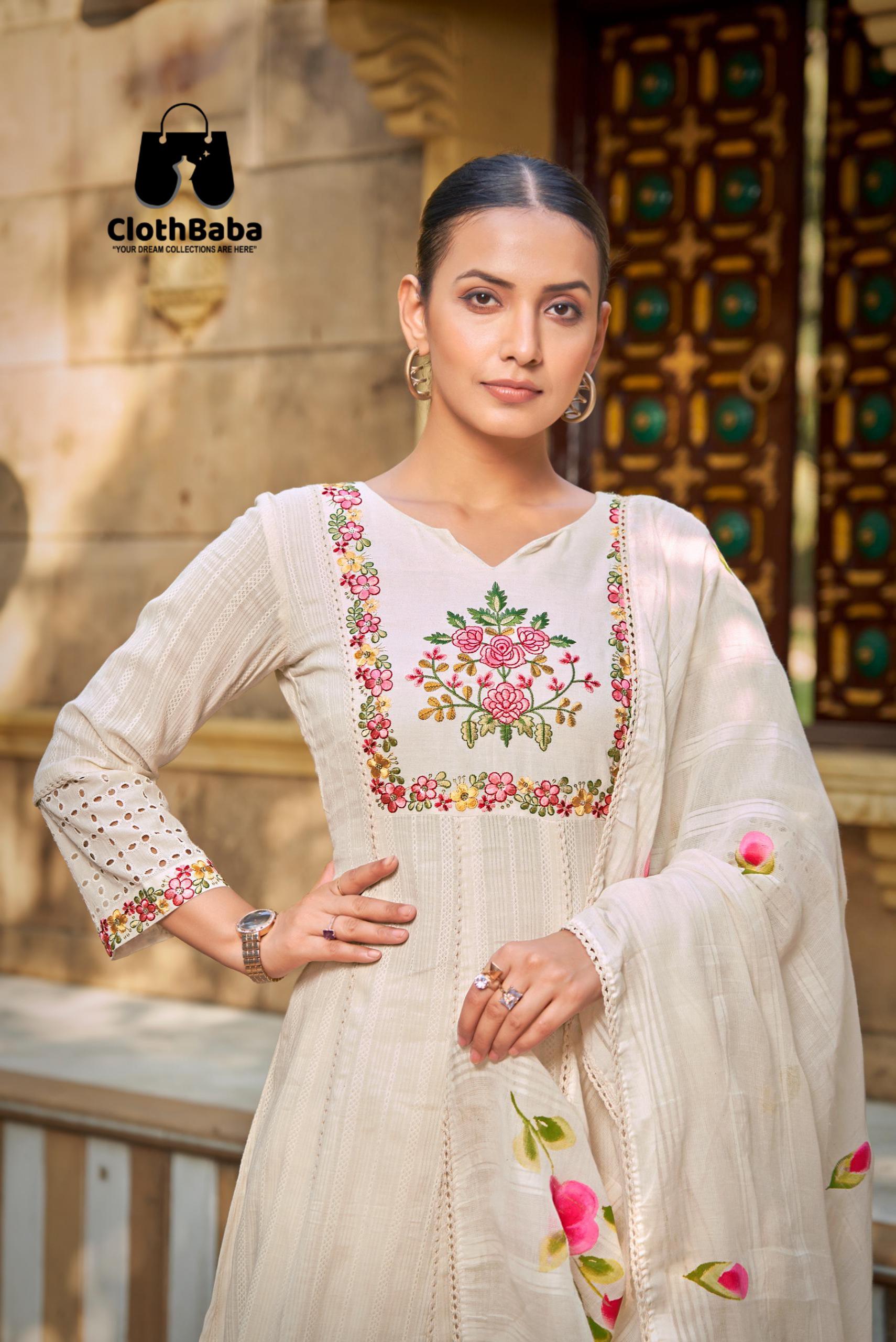 Luxury Cotton Anarkali Ensemble – Schifli Top, Handprinted Dupatta 