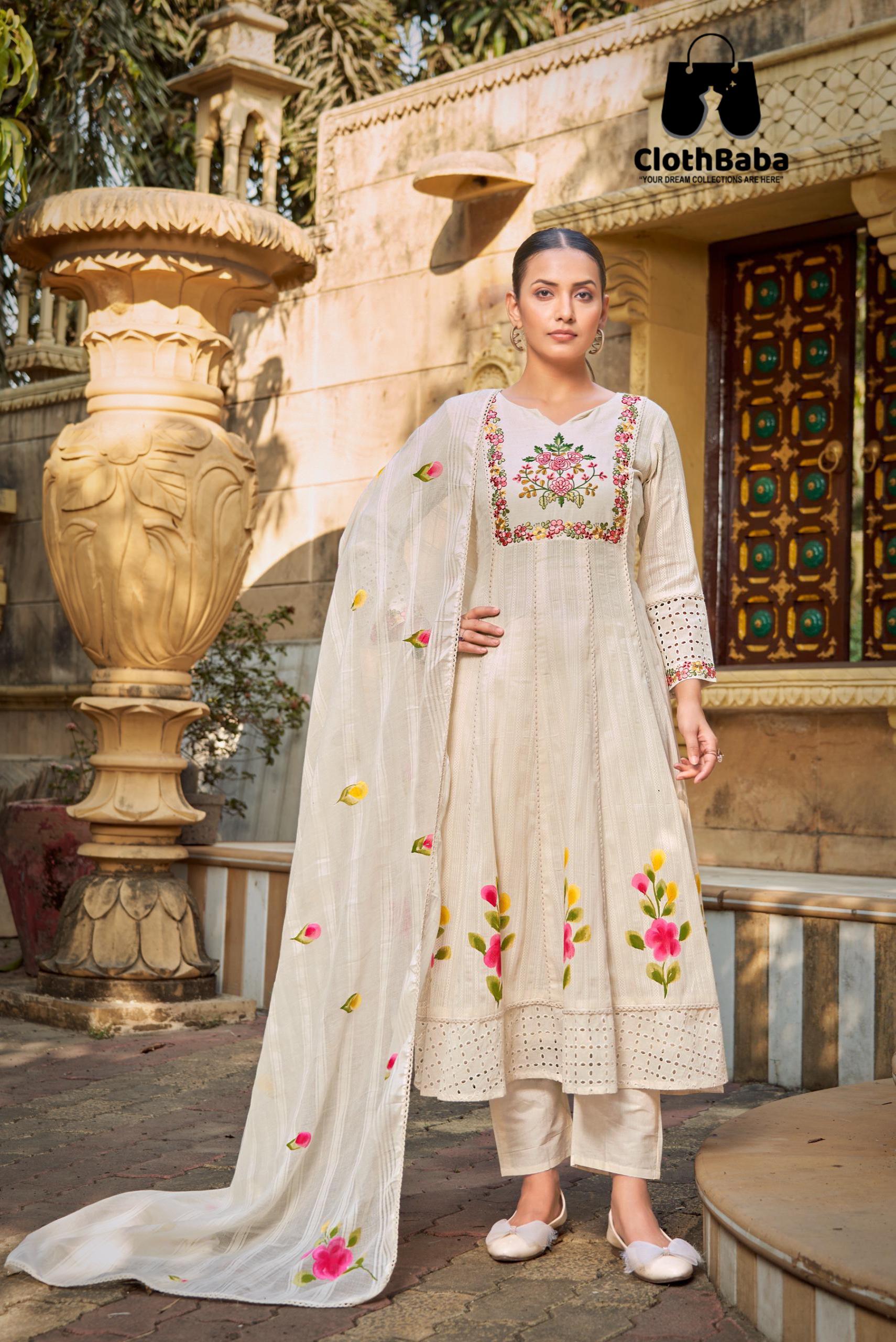 Luxury Cotton Anarkali Ensemble – Schifli Top, Handprinted Dupatta
