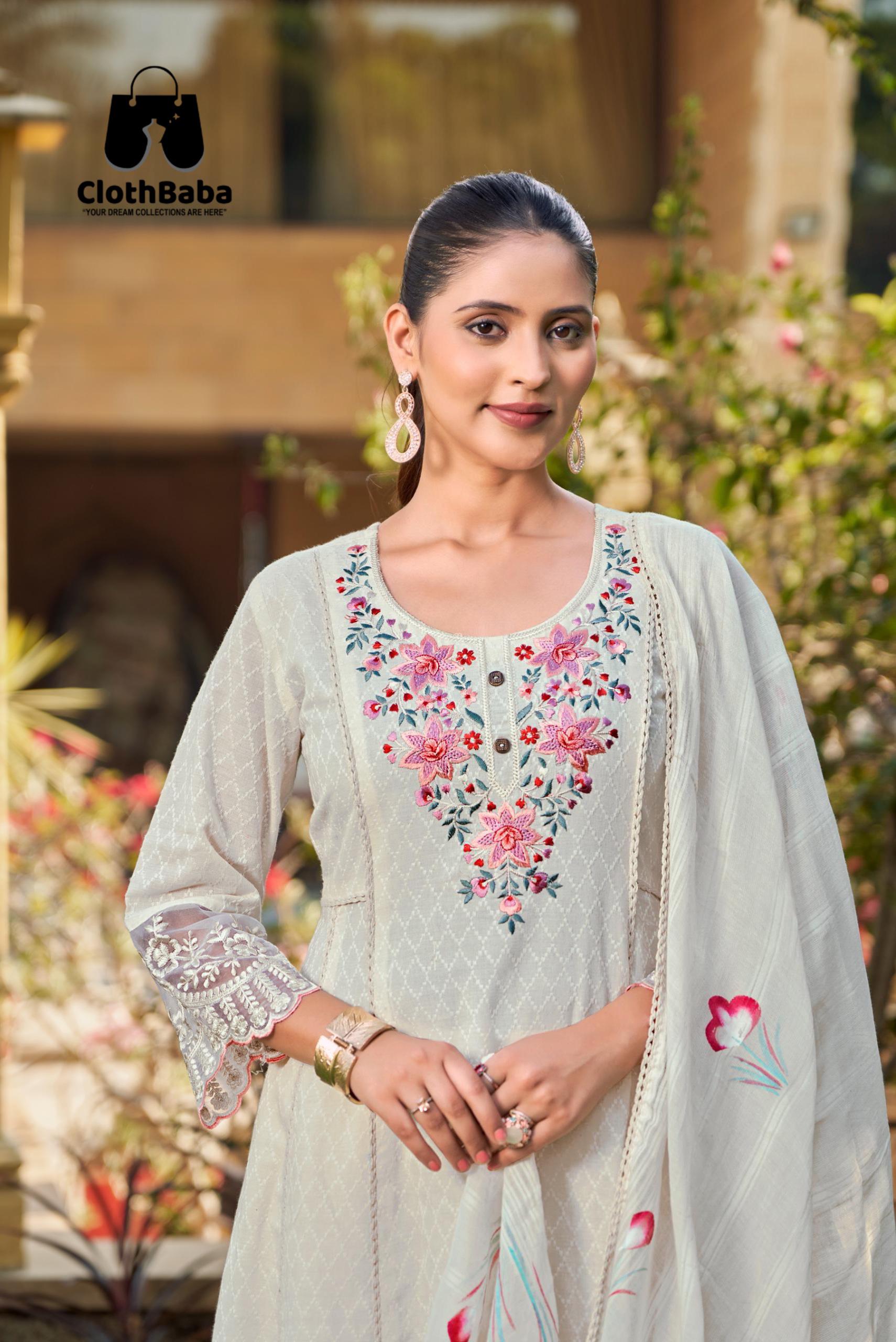 Elegant Cotton Anarkali Suit with Cambric Bottom & Leno Handprint Dupatta