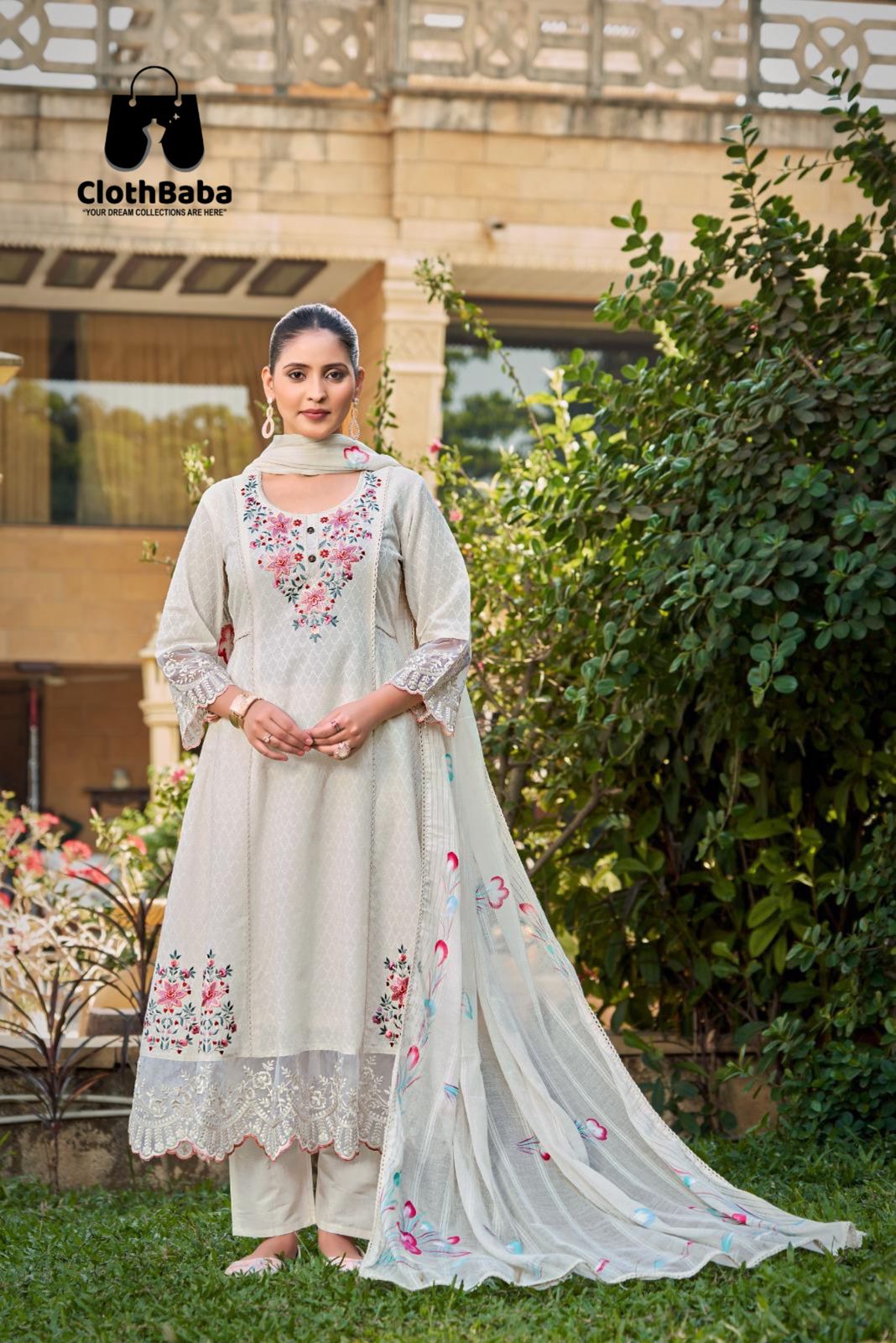 Elegant Cotton Anarkali Suit with Cambric Bottom & Leno Handprint Dupatta