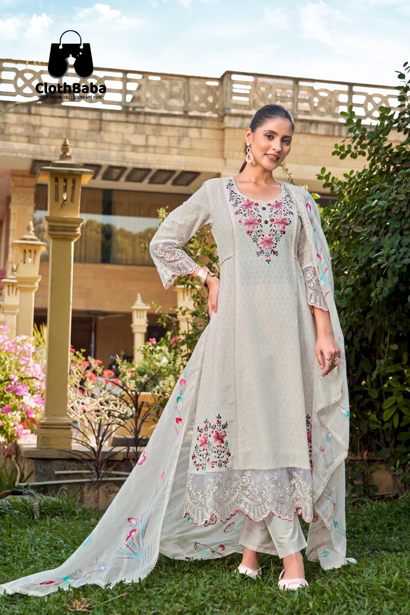 Elegant Cotton Anarkali Suit with Cambric Bottom & Leno Handprint Dupatta