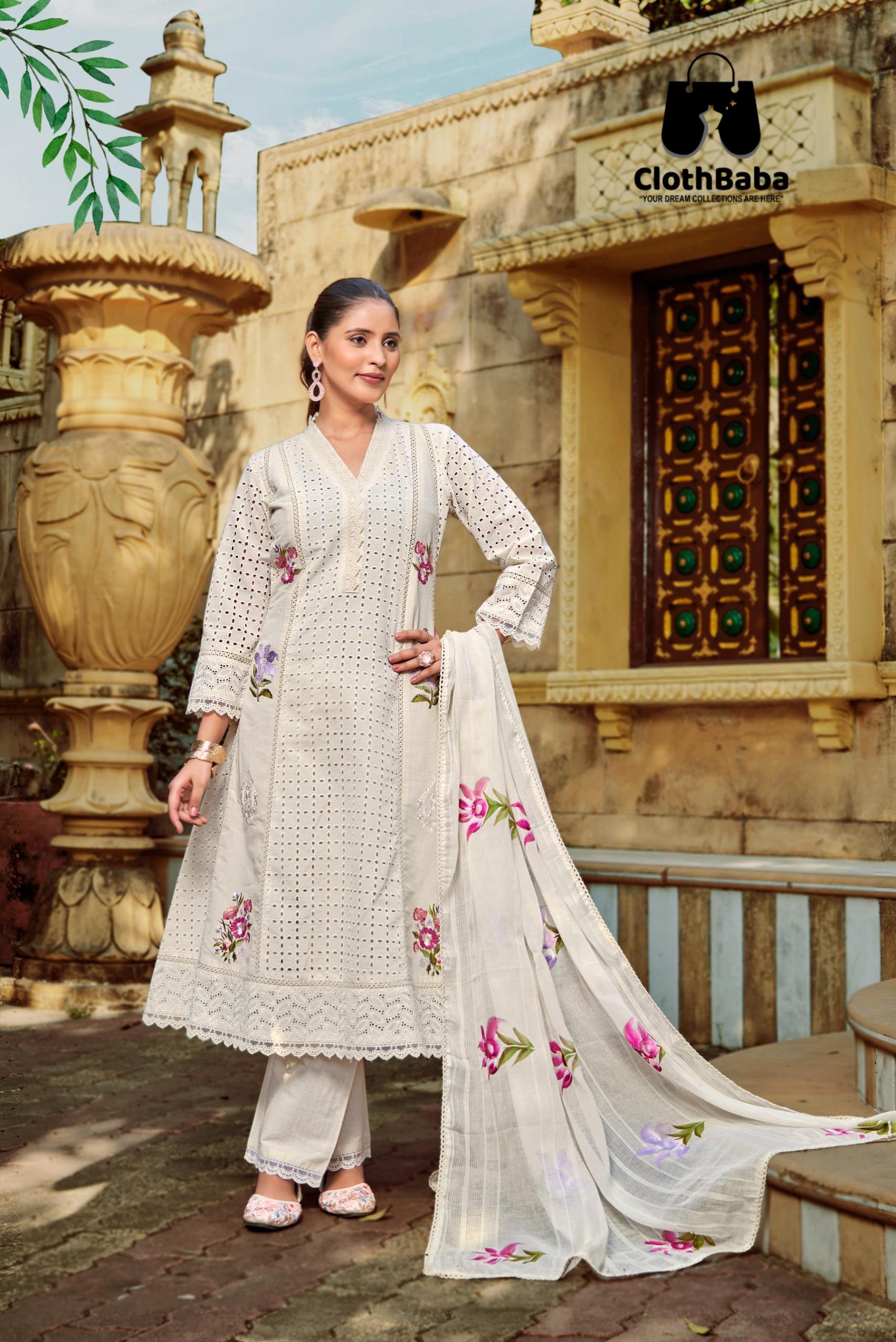 Handcrafted Cotton Schiffli Anarkali Set with Printed Leno Dupatta