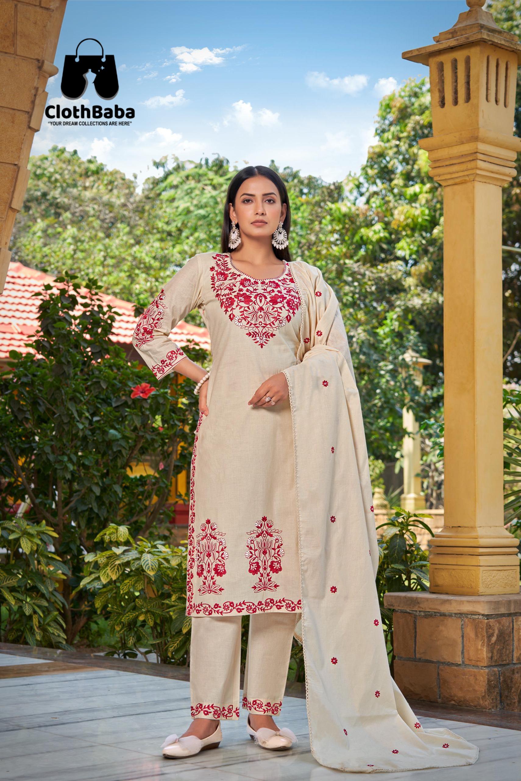 Embroidered Cambric Cotton Readymade Suit with Cotton Leno Dupatta 