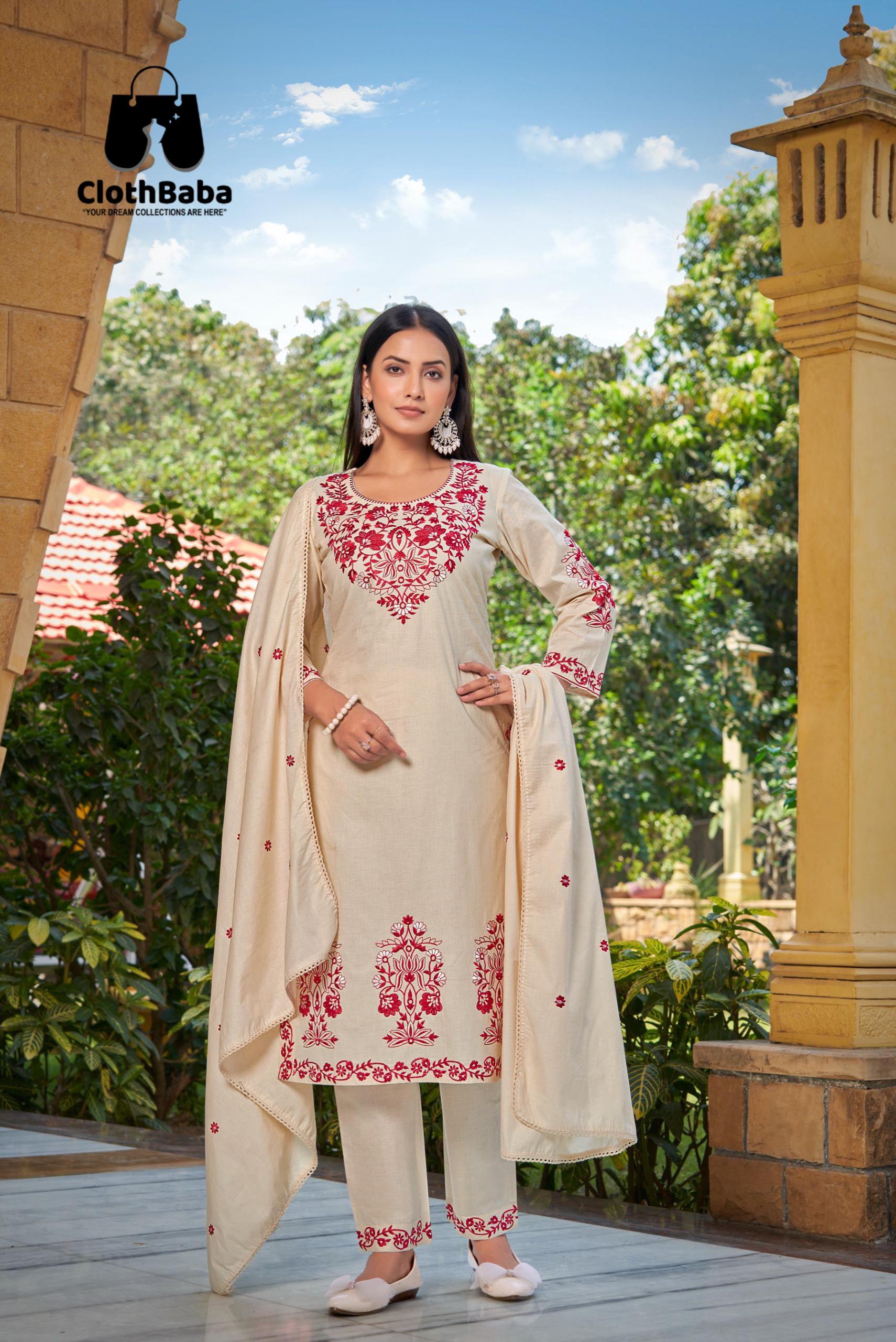 Embroidered Cambric Cotton Readymade Suit with Cotton Leno Dupatta 
