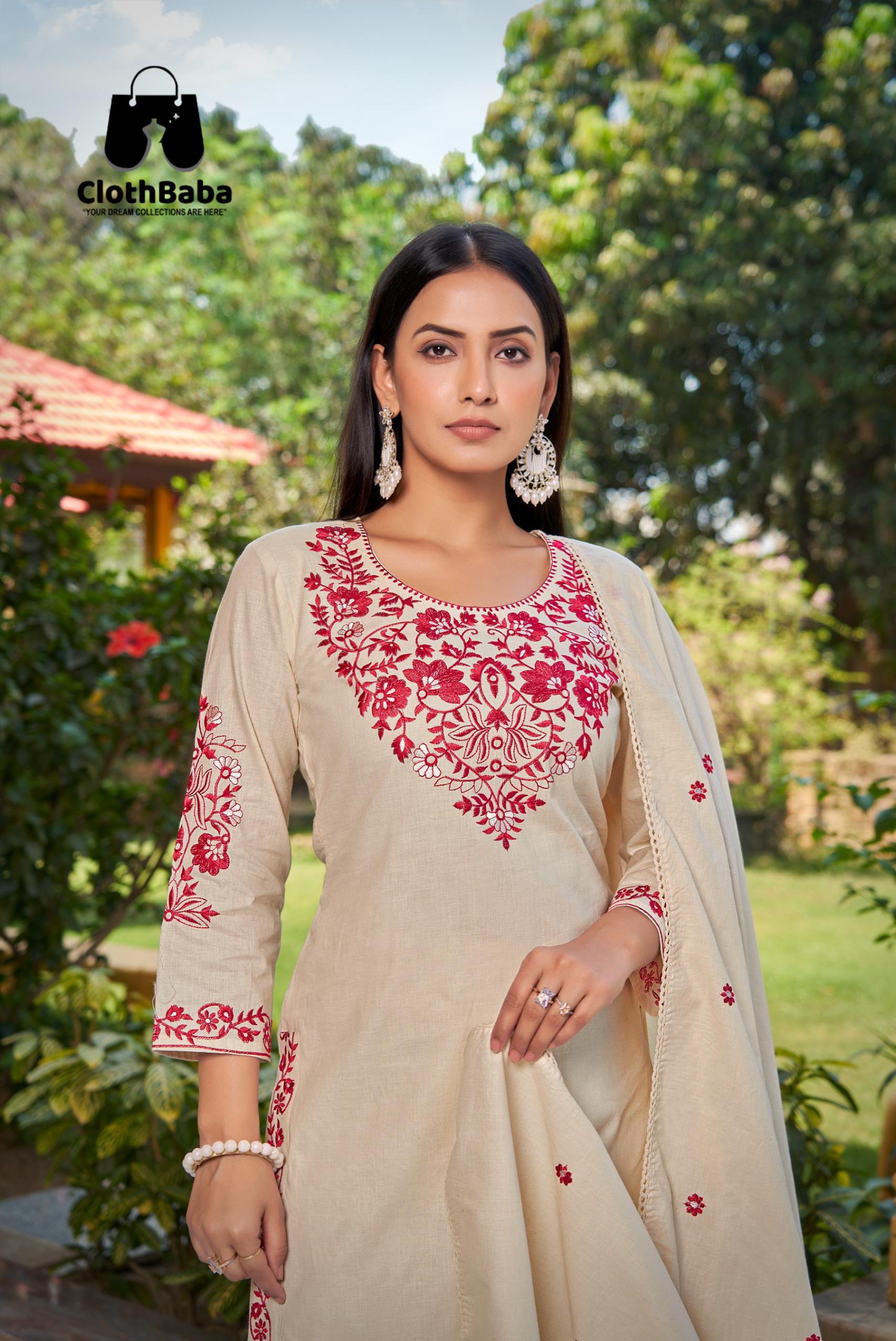 Embroidered Cambric Cotton Readymade Suit with Cotton Leno Dupatta 
