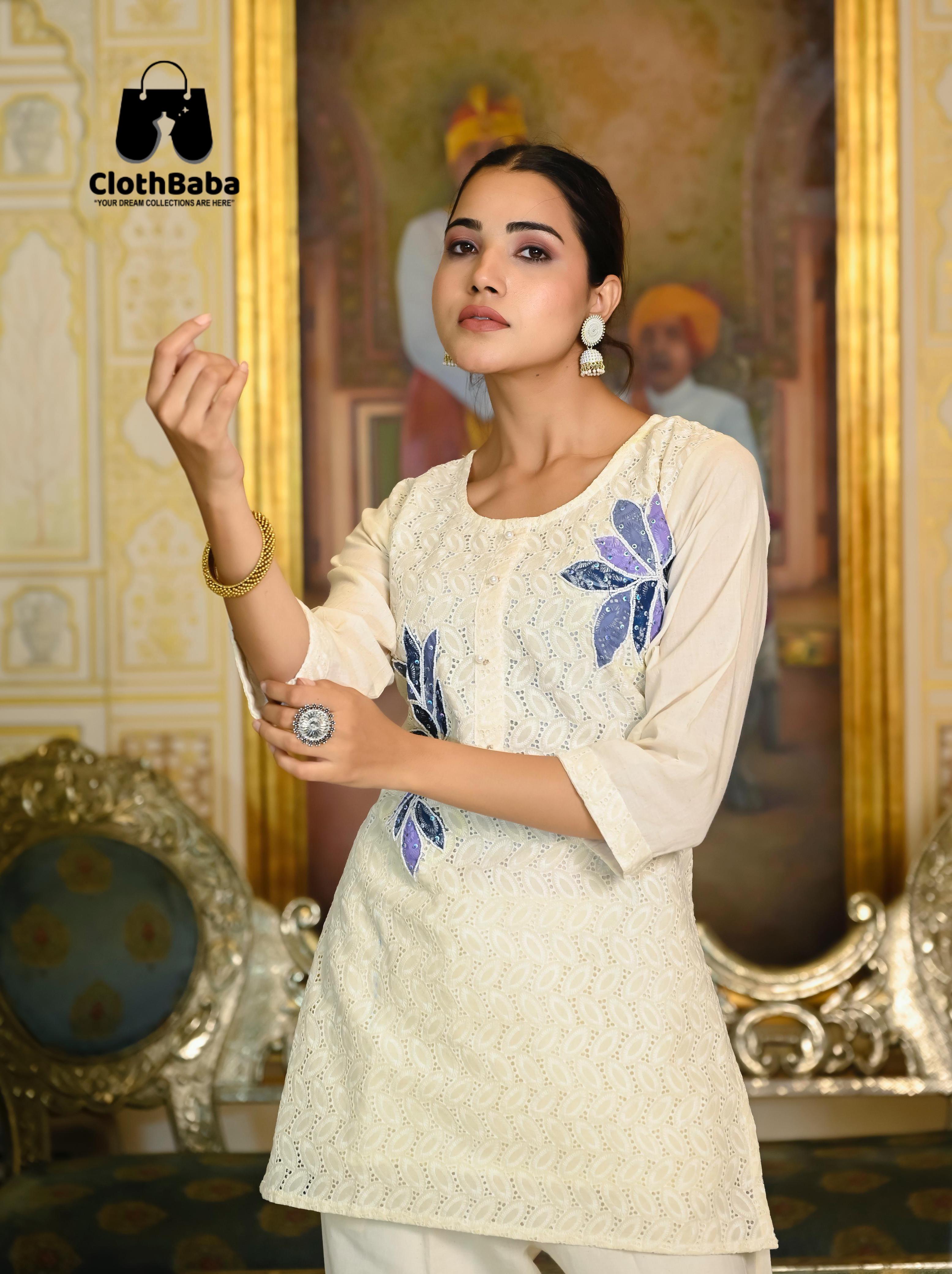 White Elegance: Co-ord Set in Cotton Schiffli with Blue Floral Detailing