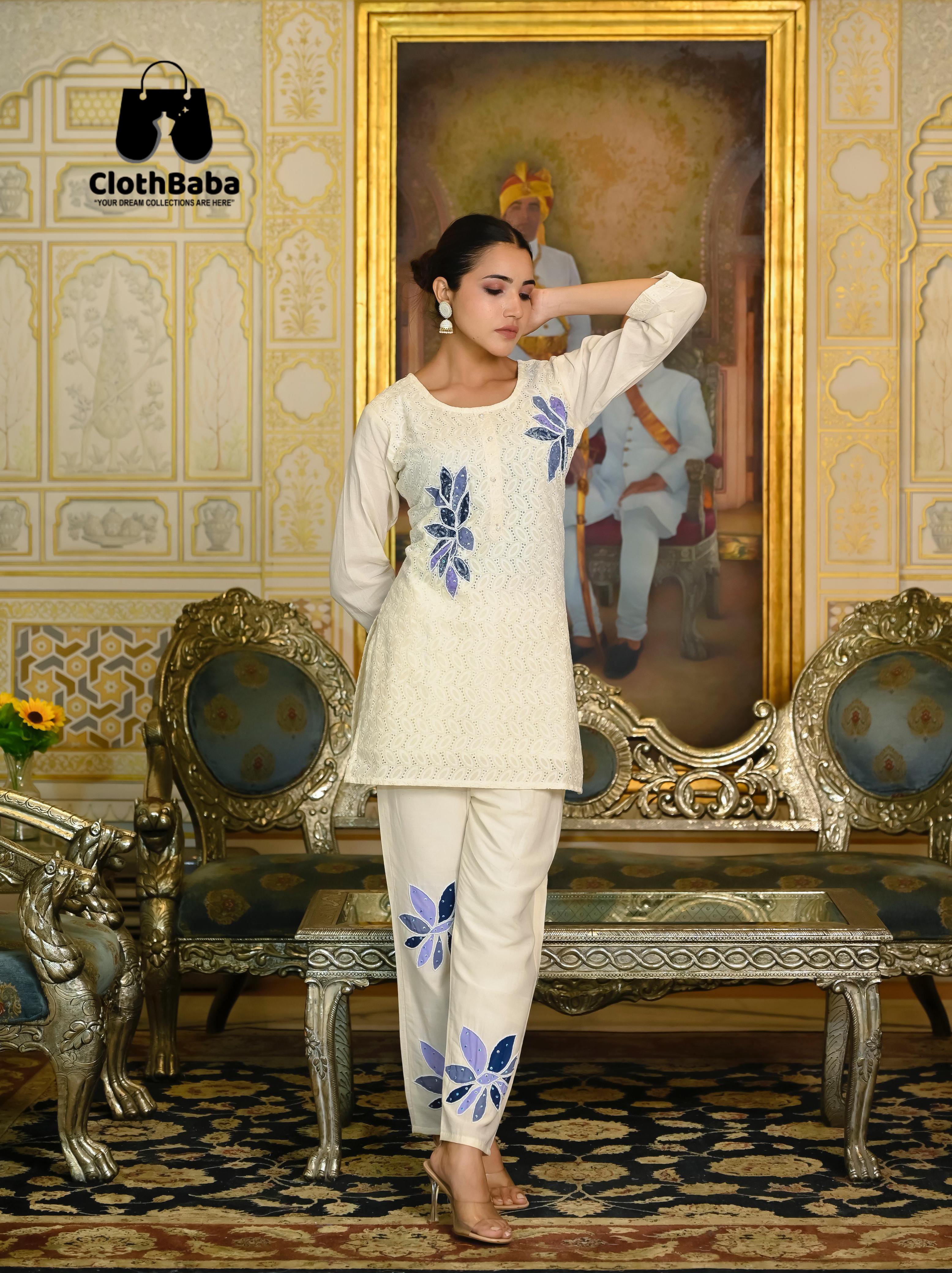 White Elegance: Co-ord Set in Cotton Schiffli with Blue Floral Detailing