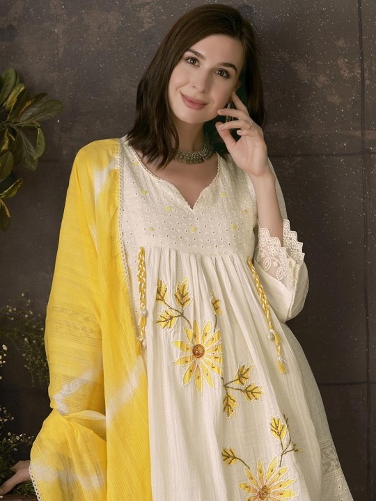 Modern Cotton 3-Piece Suit with Floral Handwork & Yellow Laheriya Dupatta 
