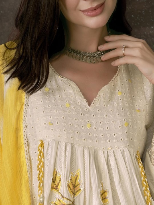 Modern Cotton 3-Piece Suit with Floral Handwork & Yellow Laheriya Dupatta 