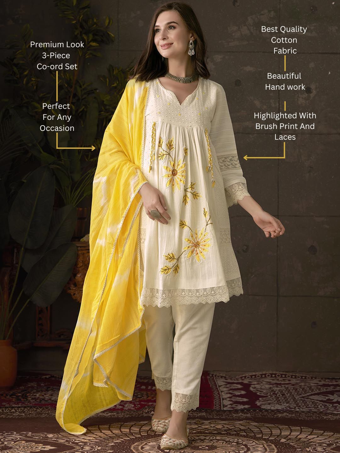 Modern Cotton 3-Piece Suit with Floral Handwork & Yellow Laheriya Dupatta