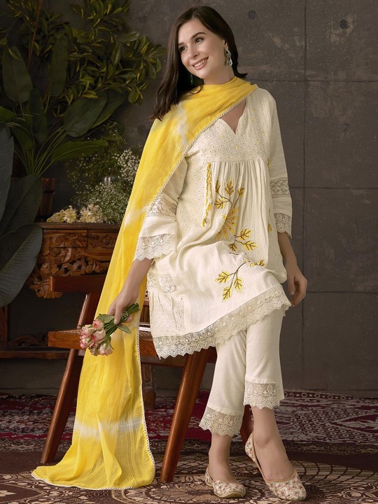 Modern Cotton 3-Piece Suit with Floral Handwork & Yellow Laheriya Dupatta 