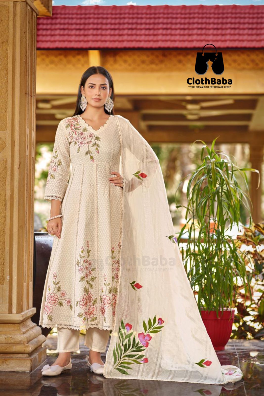 Cotton Schiffli Work Anarkali Suit with Cambric Bottom and Dupatt