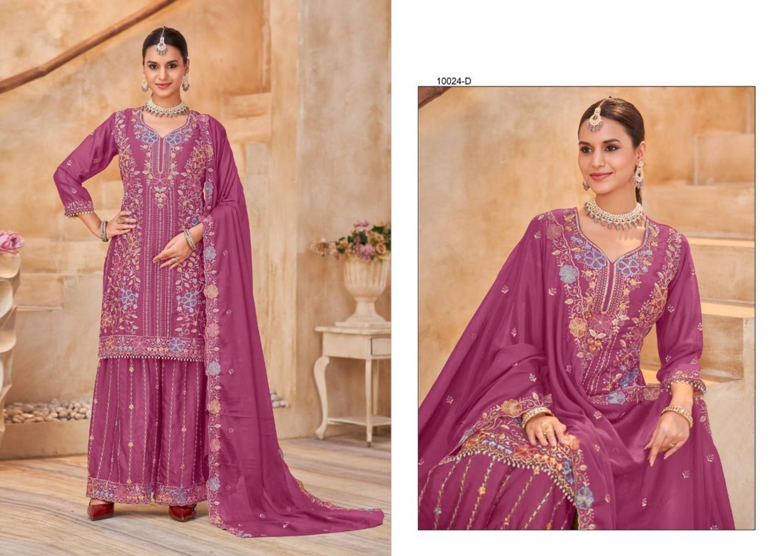 Elegant Chinon Heavy Embroidered Readymade Suit Set with Crepe Inner & Lace Work Dupatta