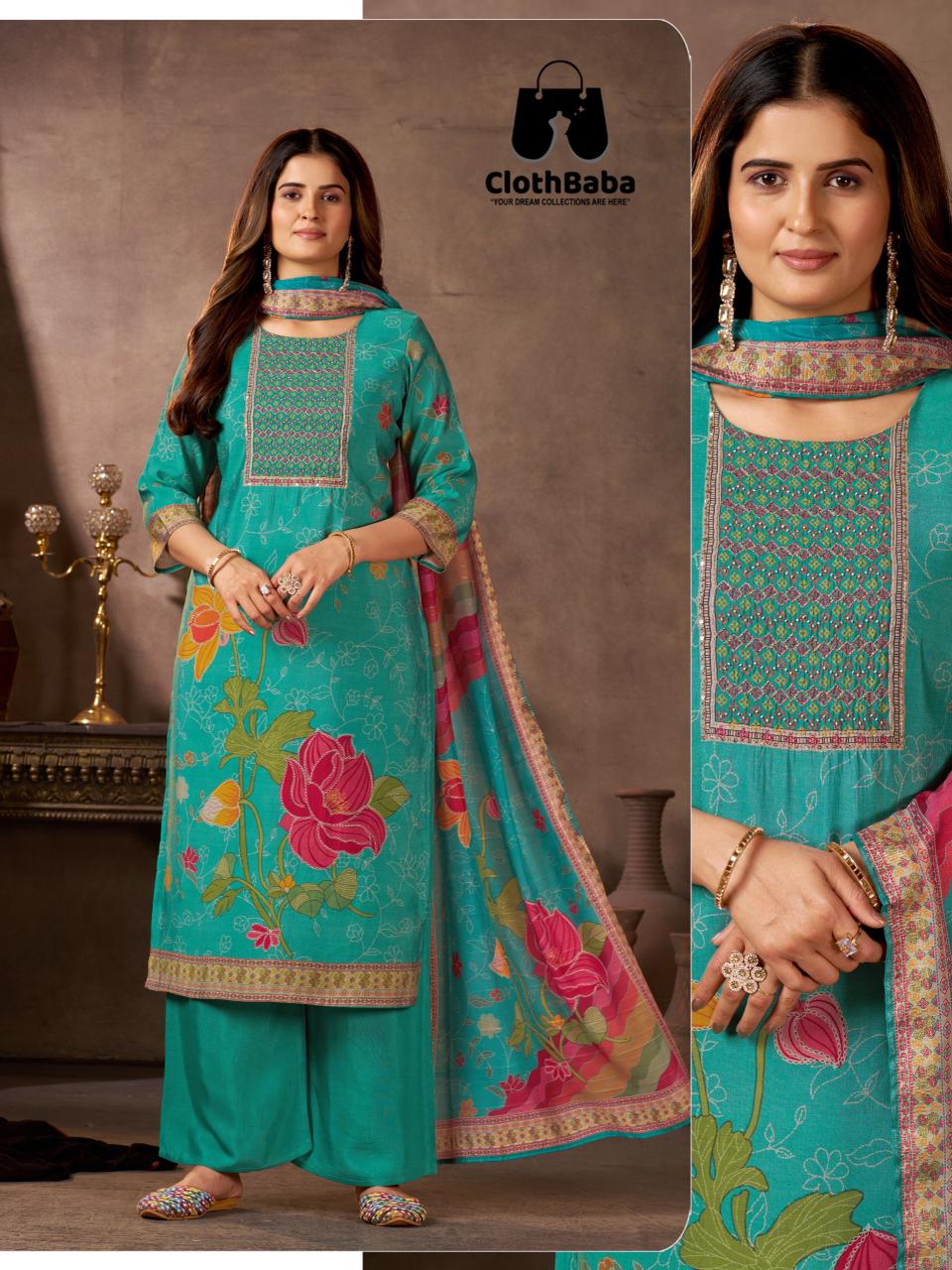 Pure Silk Rama Green Floral Print Suit Set