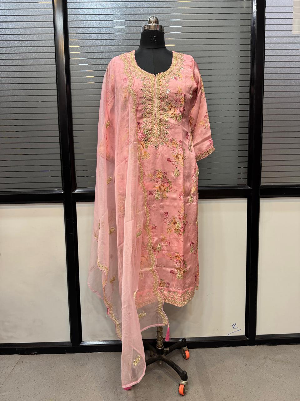 Satin Georgette 3-Piece Readymade Suit with Organza Embroidered Dupatta