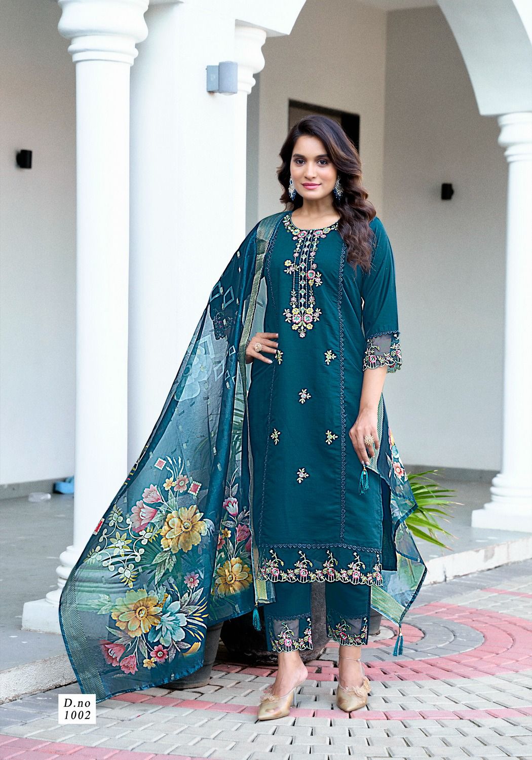 Elegant Roman Silk Straight Kurti Suit with Pant & Dupatta