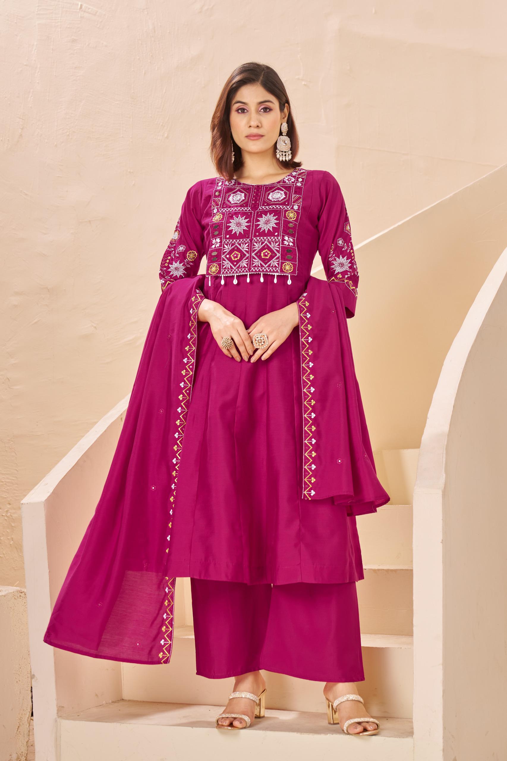 Heavy Roman Silk Ladies Readymade Suit with Mirror & Embroidered Work