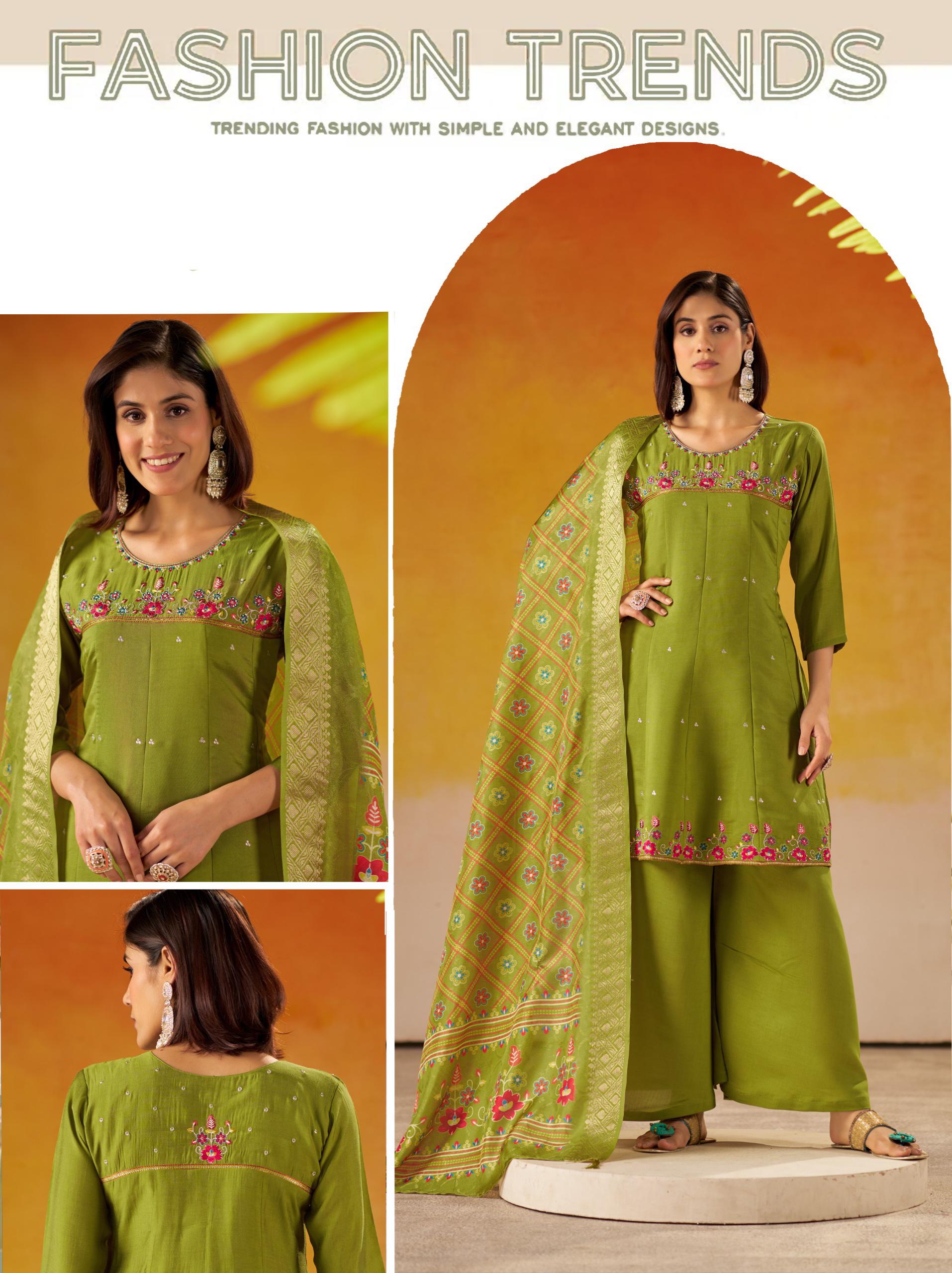 Two-Tone Roman Silk Readymade Suit for Women