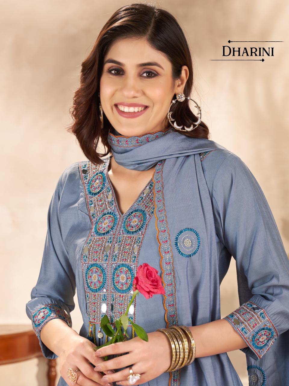 Roman Silk Ladies Readymade Suit with Beautiful Neck Work & Latkan Embroidered Dupatta 