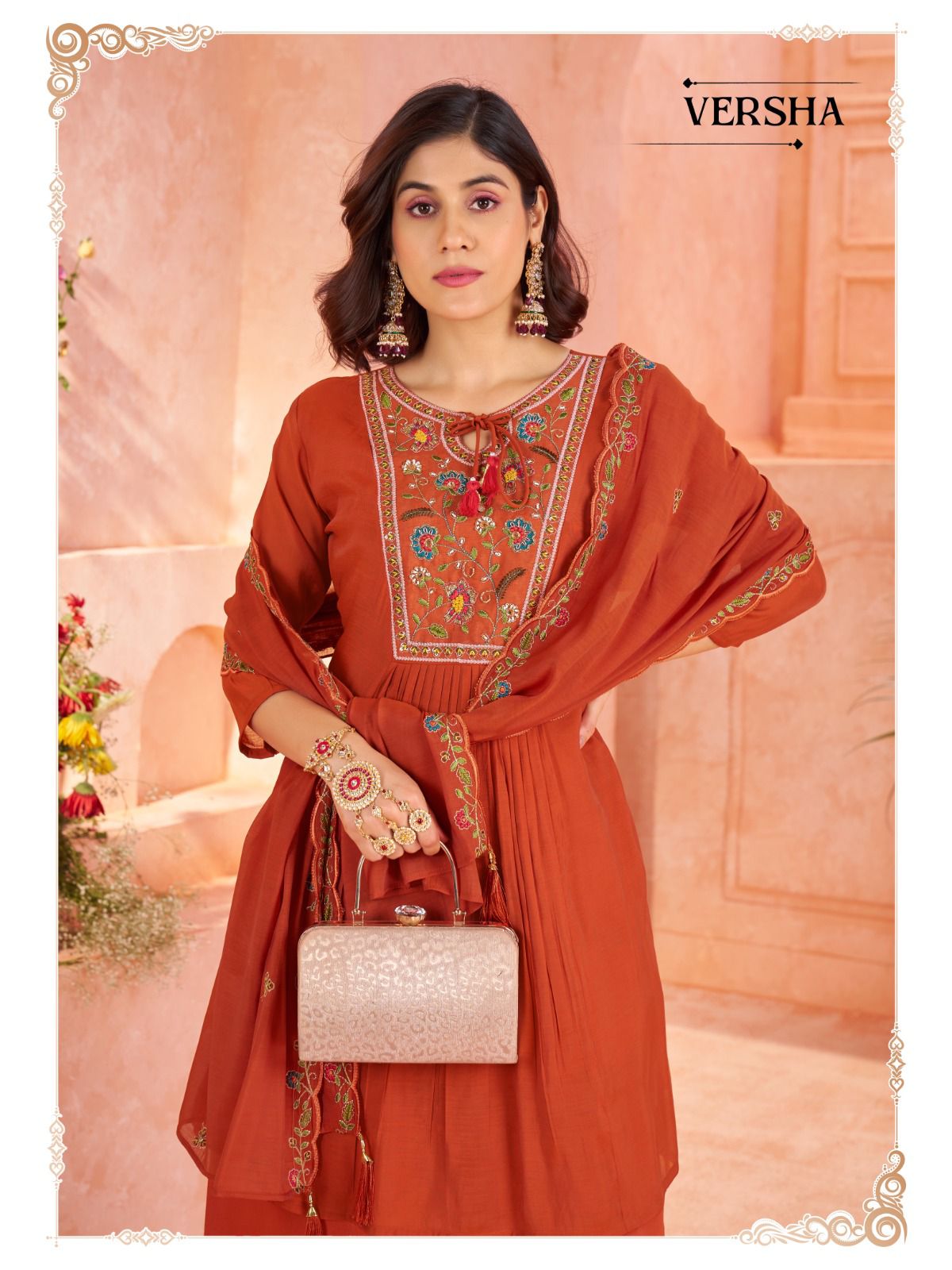 Pure Mull Chanderi Readymade Suit with Hand Embroidery