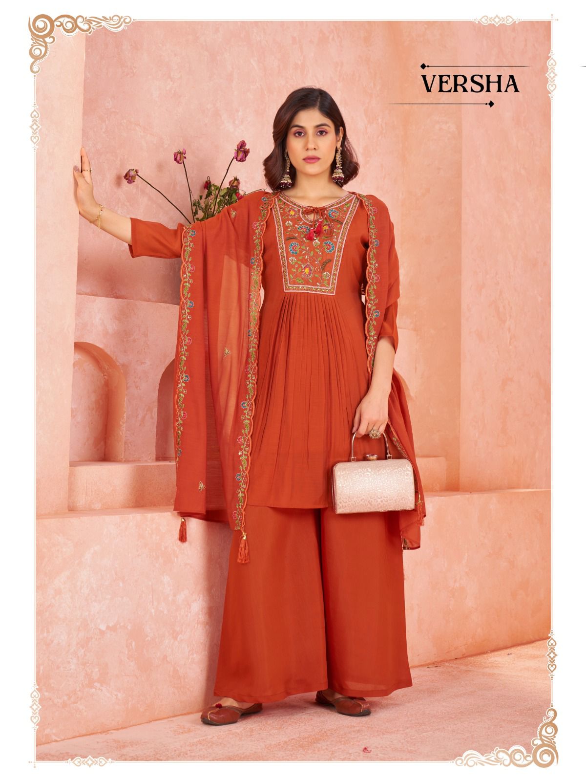 Pure Mull Chanderi Readymade Suit with Hand Embroidery