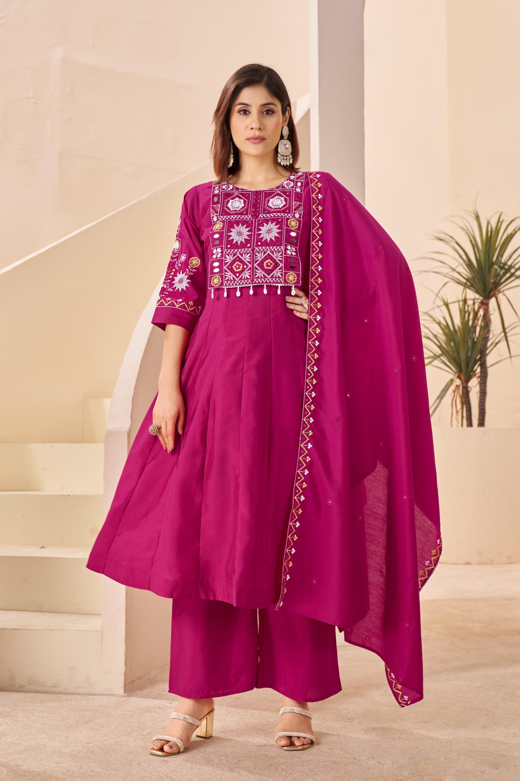 Heavy Roman Silk Ladies Readymade Suit with Mirror & Embroidered Work