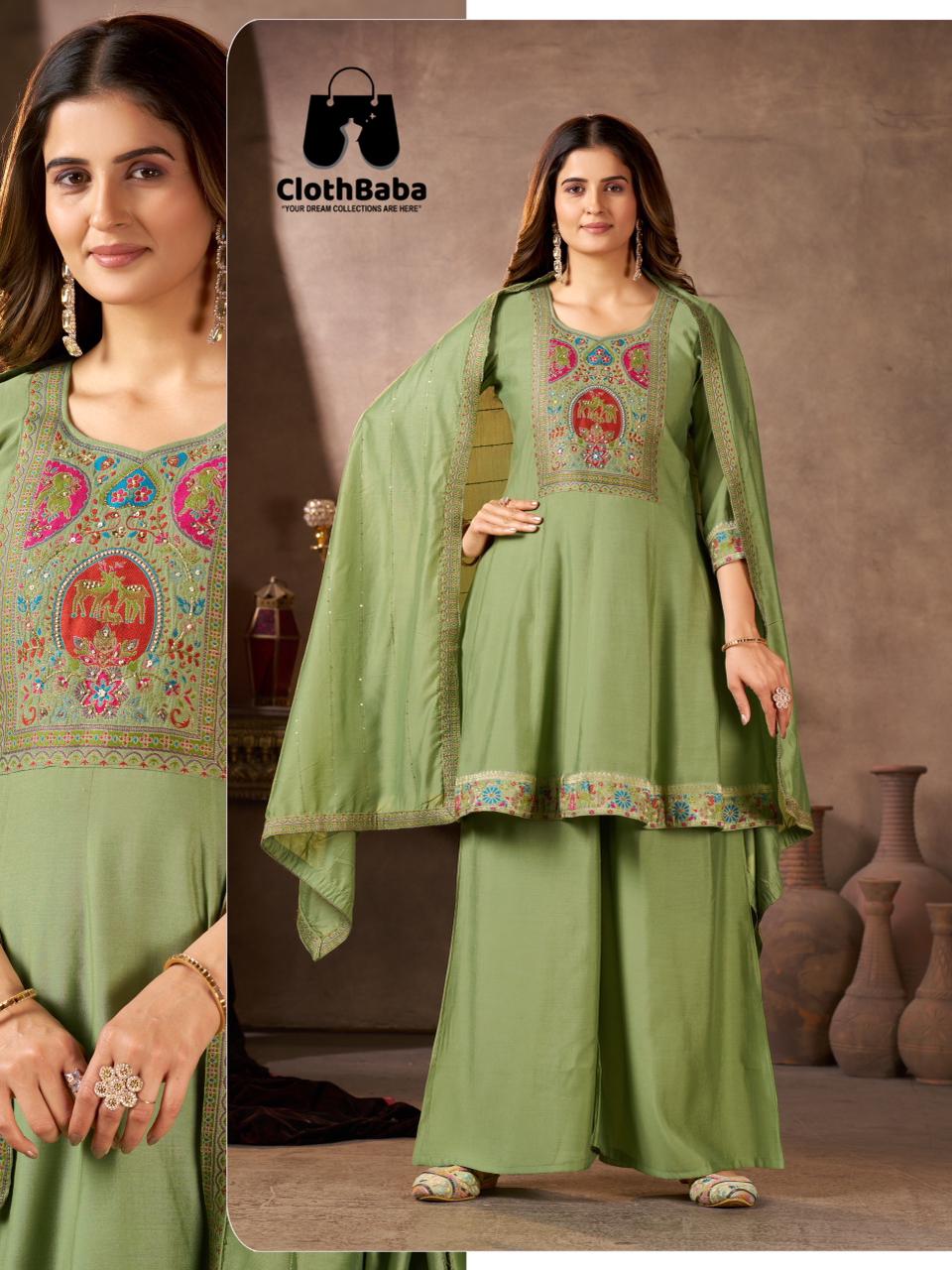 Pure Mull Chanderi Readymade Suit Pink Green 