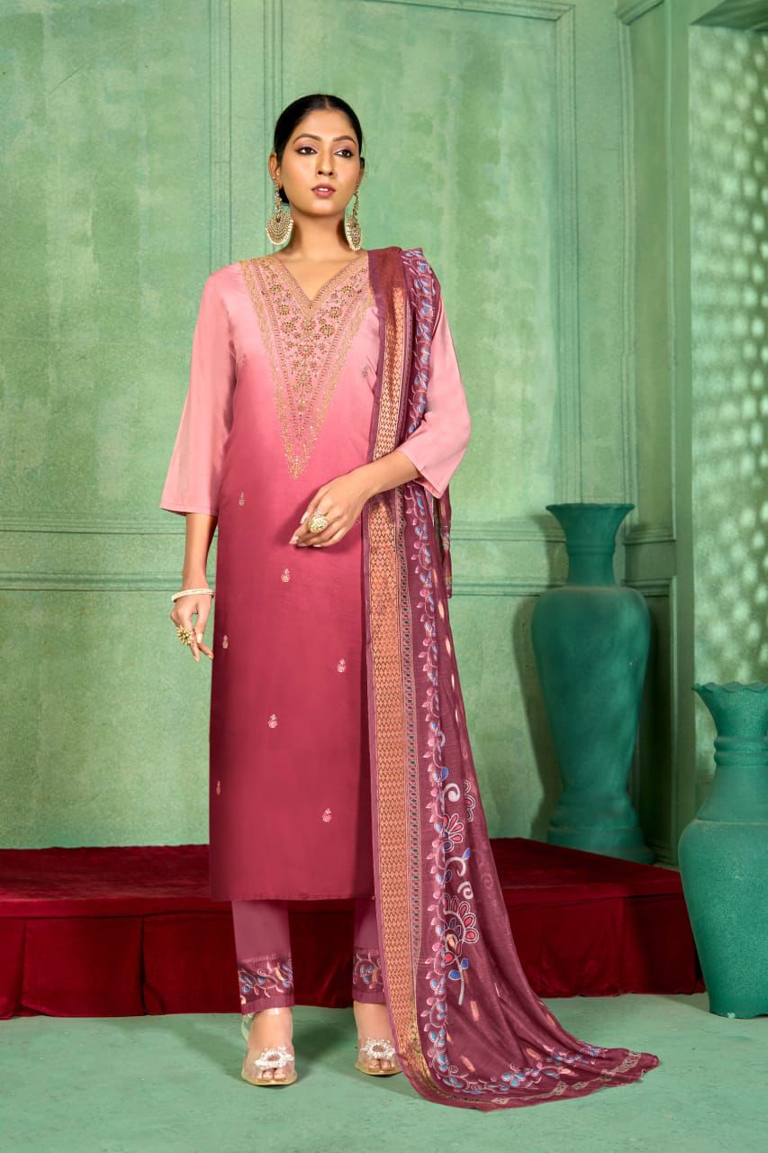 Roman Silk Ombre Embroidered Readymade Suit with Organza Dupatta