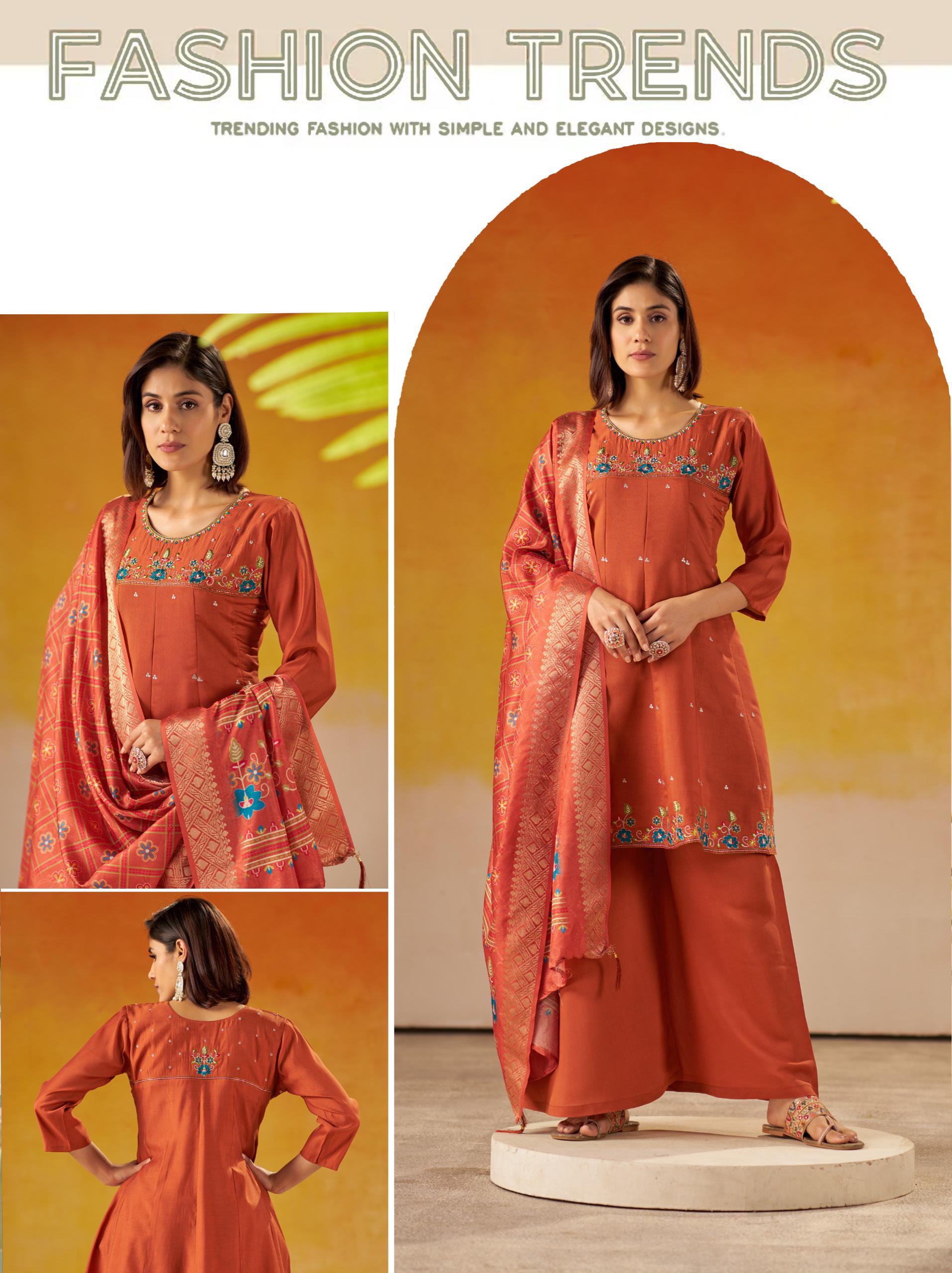 Two-Tone Roman Silk Readymade Suit for Women