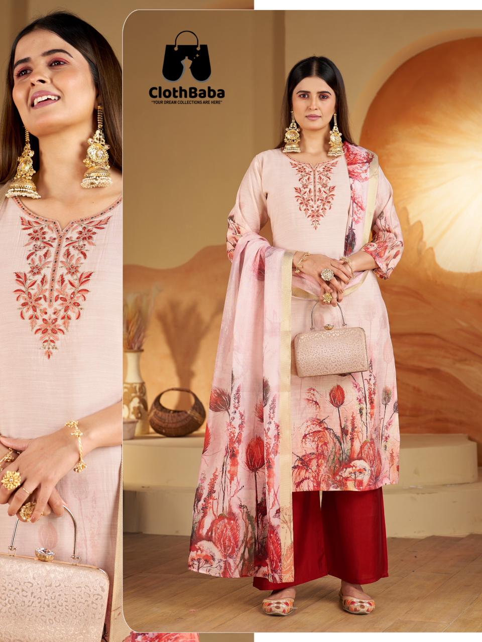 Pure Silk Red Floral Print Readymade Suit Set