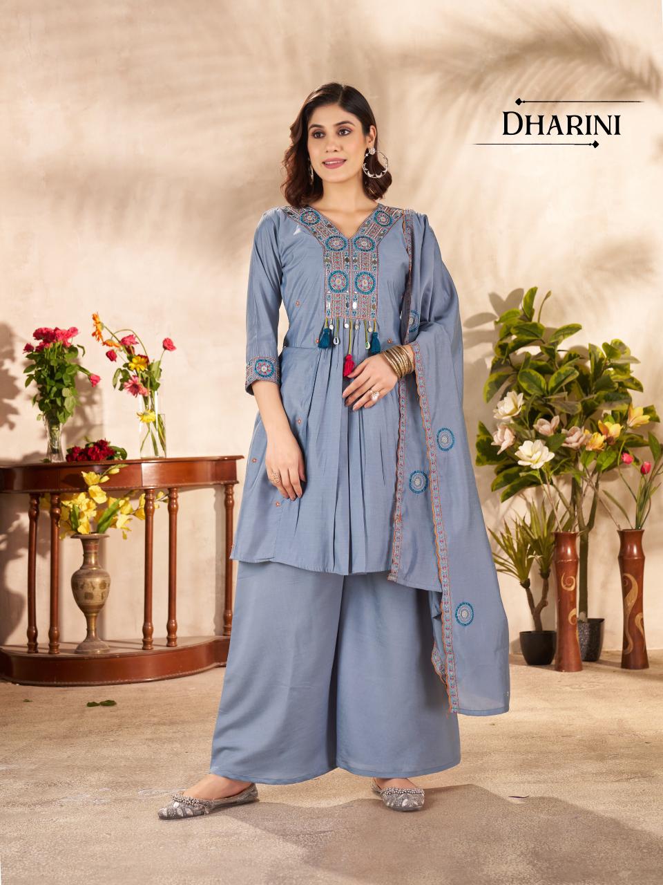 Roman Silk Ladies Readymade Suit with Beautiful Neck Work & Latkan Embroidered Dupatta 