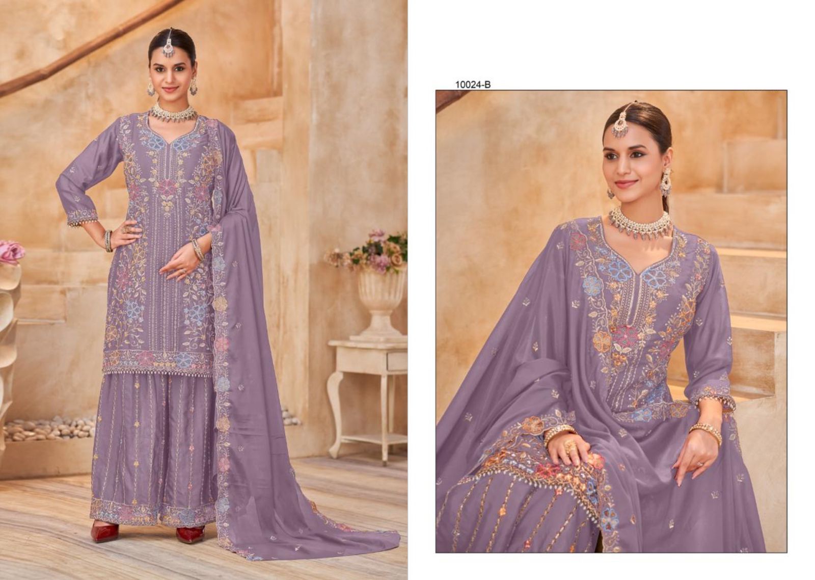 Elegant Chinon Heavy Embroidered Readymade Suit Set with Crepe Inner & Lace Work Dupatta