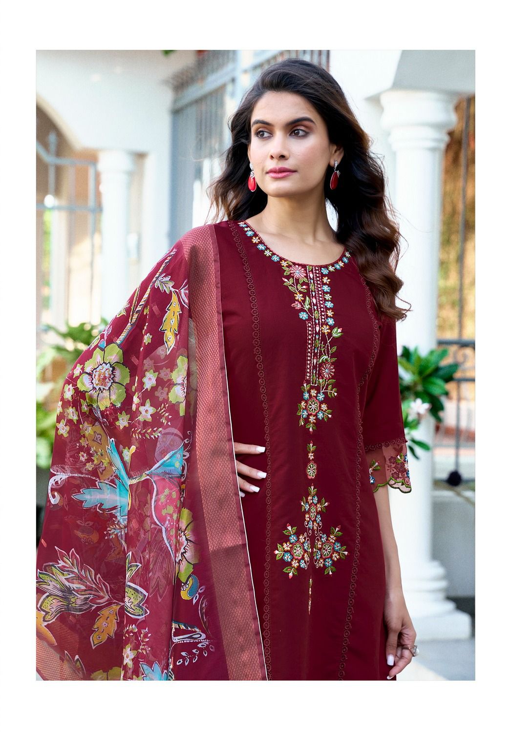 Elegant Roman Silk Straight Kurti Suit with Pant & Dupatta
