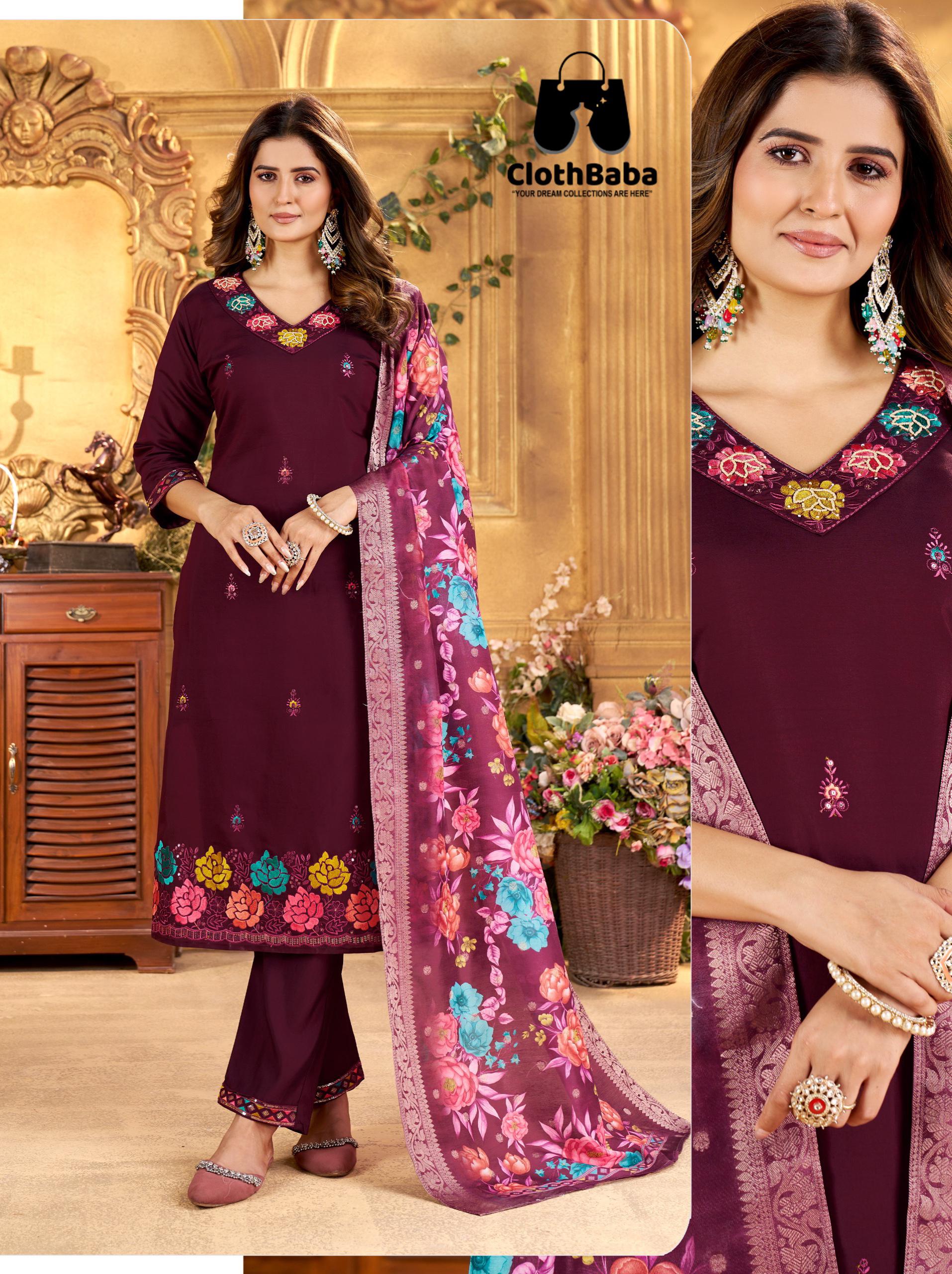 Luxurious Roman Silk Readymade Suit for Ladies Wholesale Set