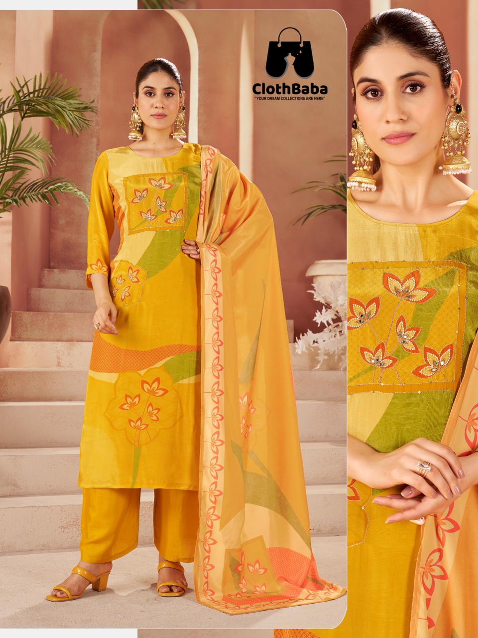 Designer Maharani Silk Natural Crepe Suit Size Set