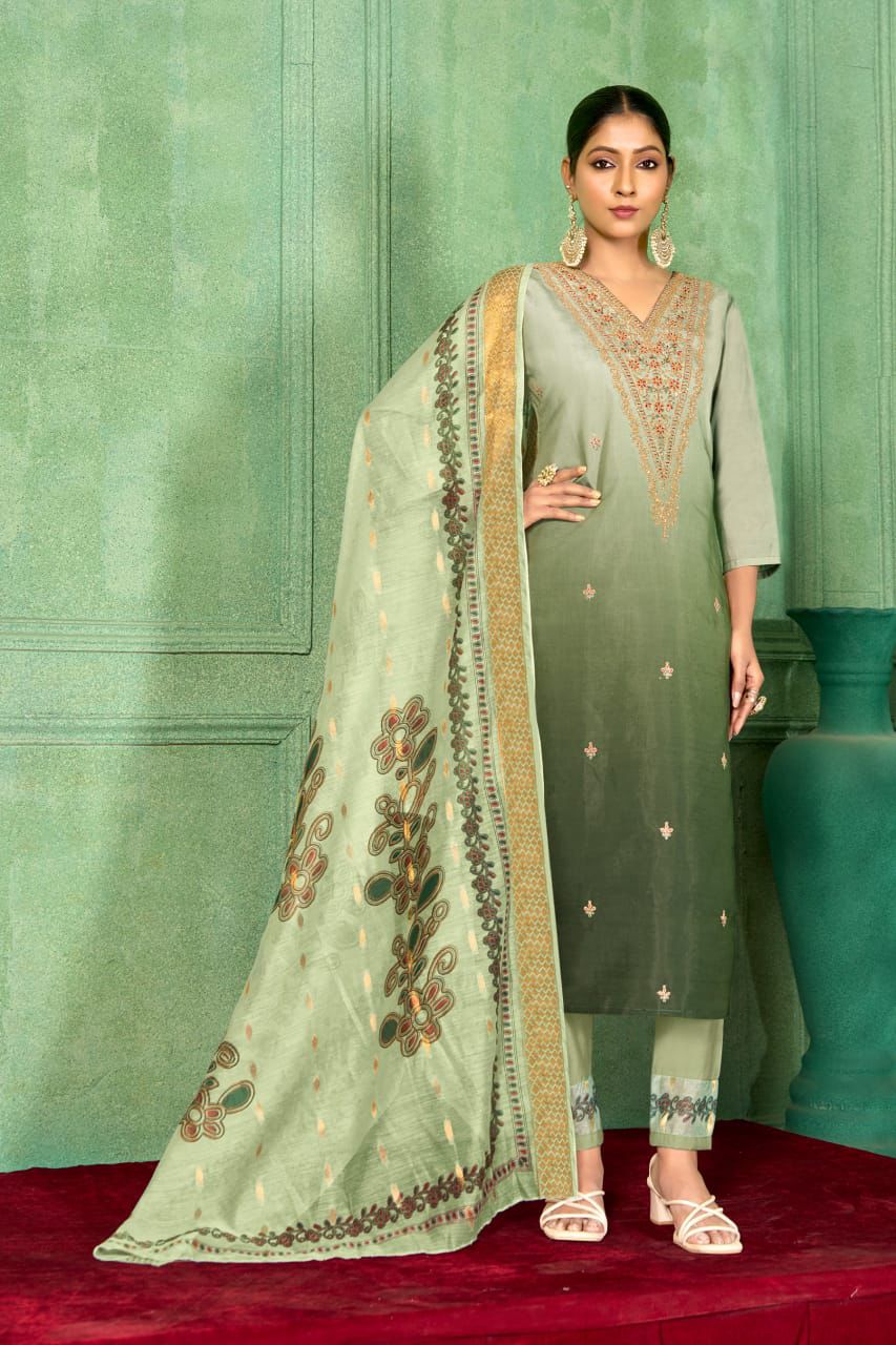 Roman Silk Ombre Embroidered Readymade Suit with Organza Dupatta