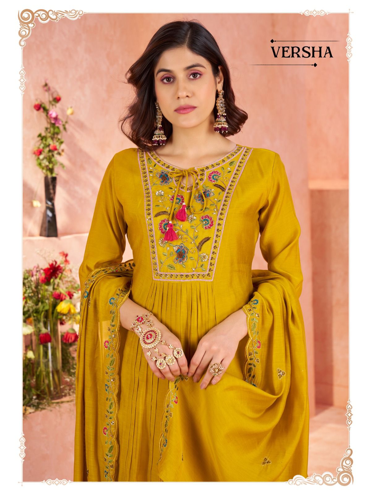 Pure Mull Chanderi Readymade Suit with Hand Embroidery