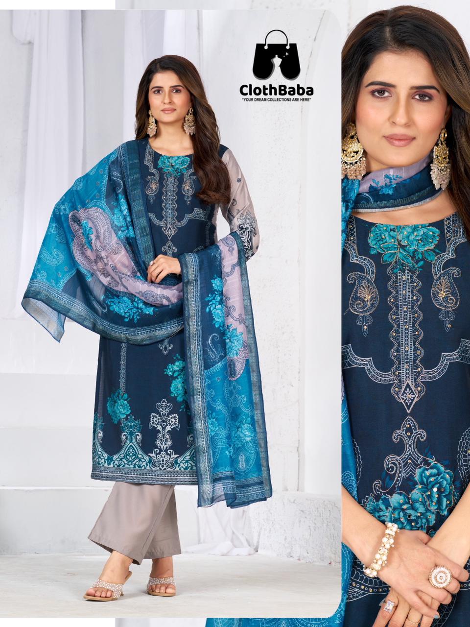 Pure Silk Navy Blue Pakistani Style Suit Set