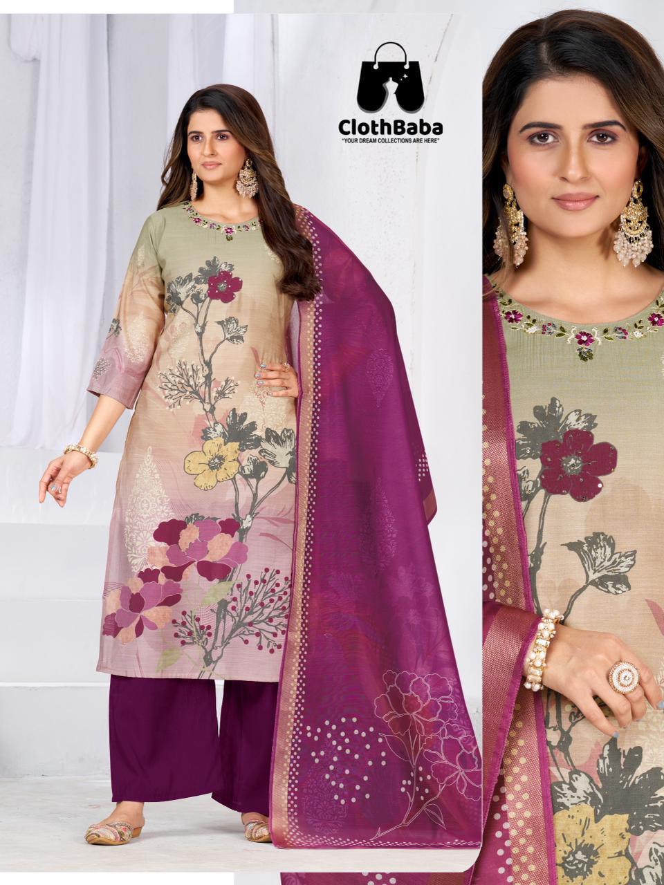Pure Silk Wine Floral Print Readymade Suit Set