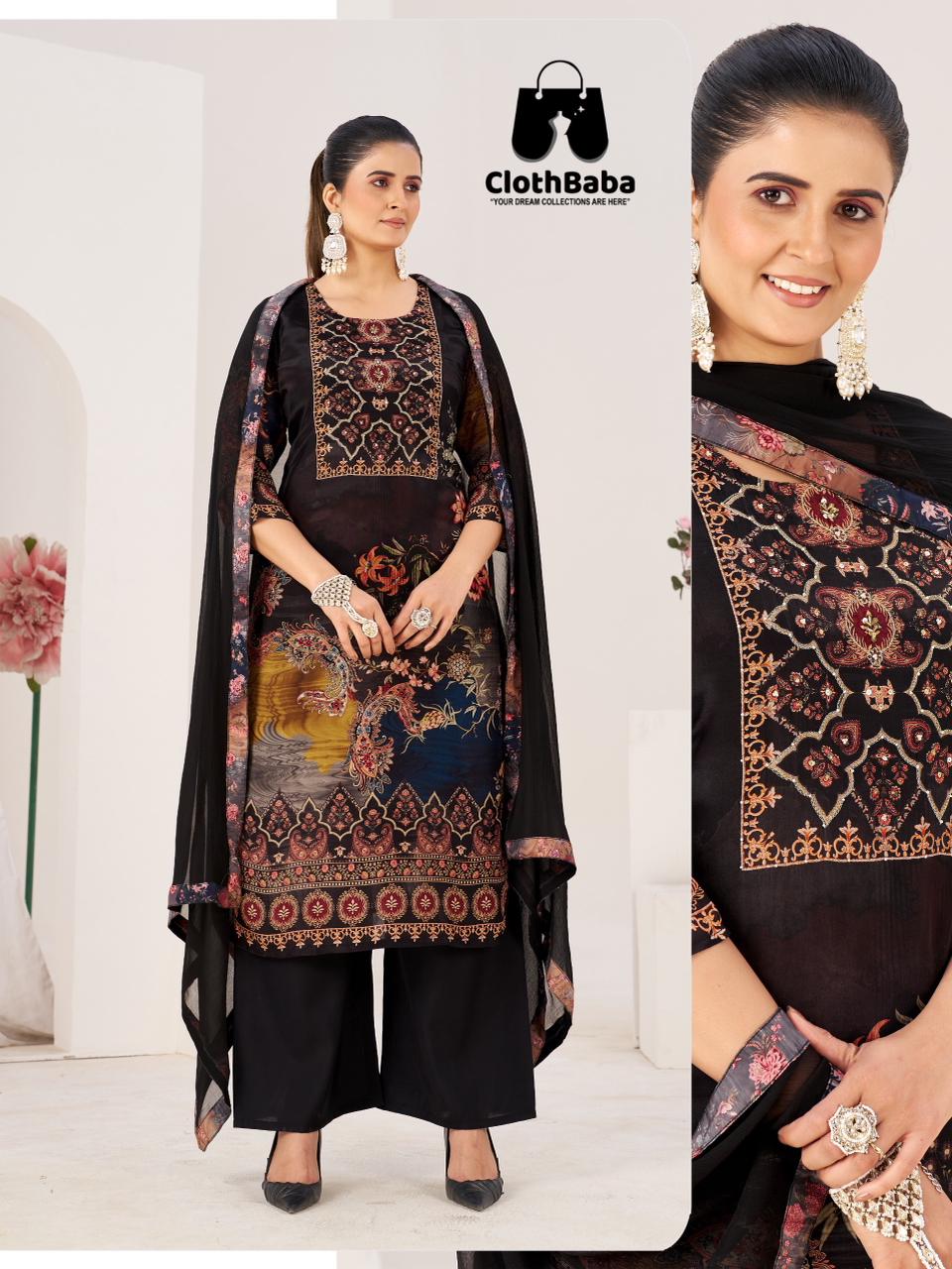 Pure Silk Black Pakistani Style Suit M-2XL Set