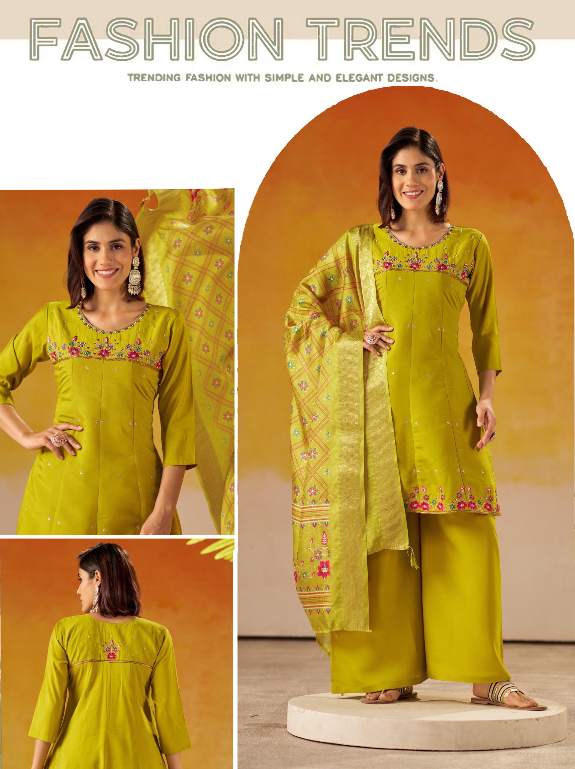 Two-Tone Roman Silk Readymade Suit for Women