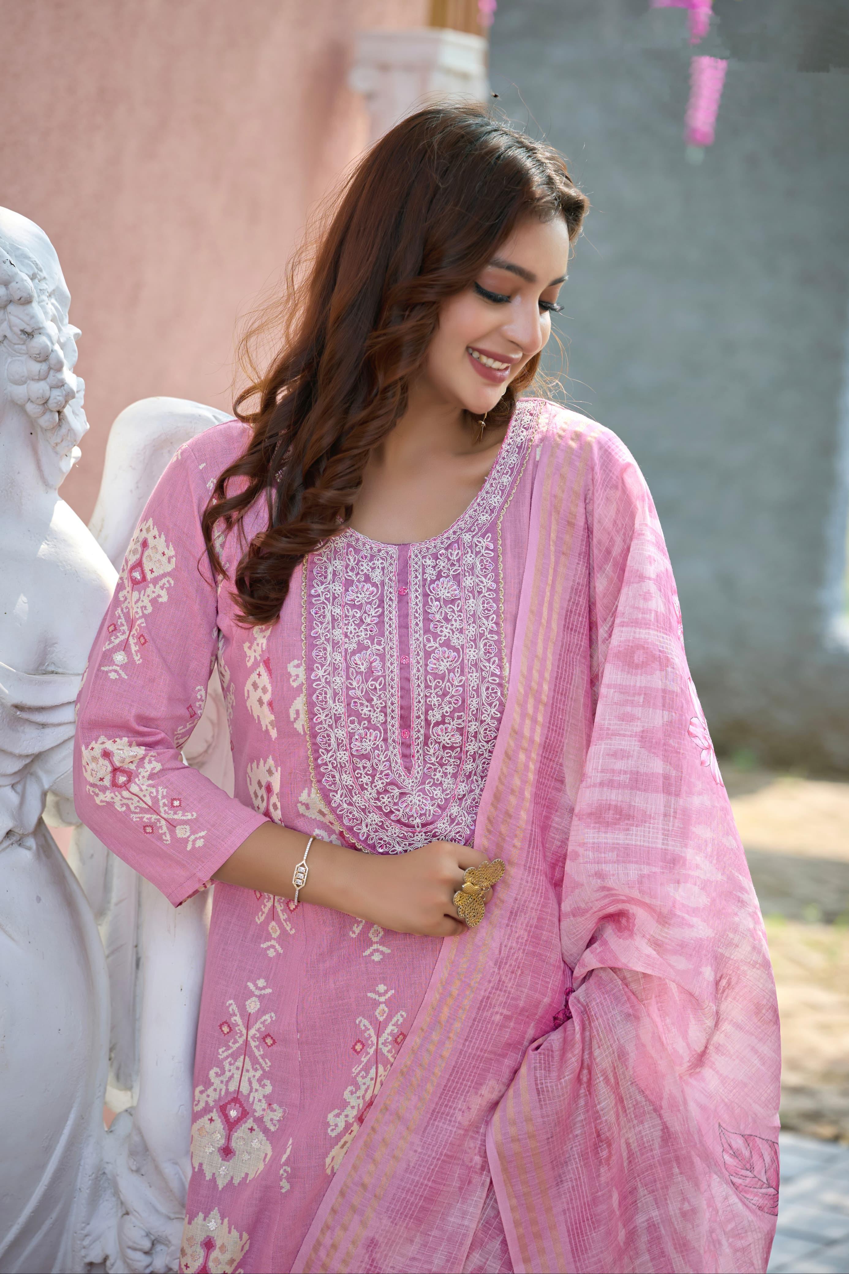 Handwork Cotton Suit with Embroidered Detailing and Jacquard Dupatta